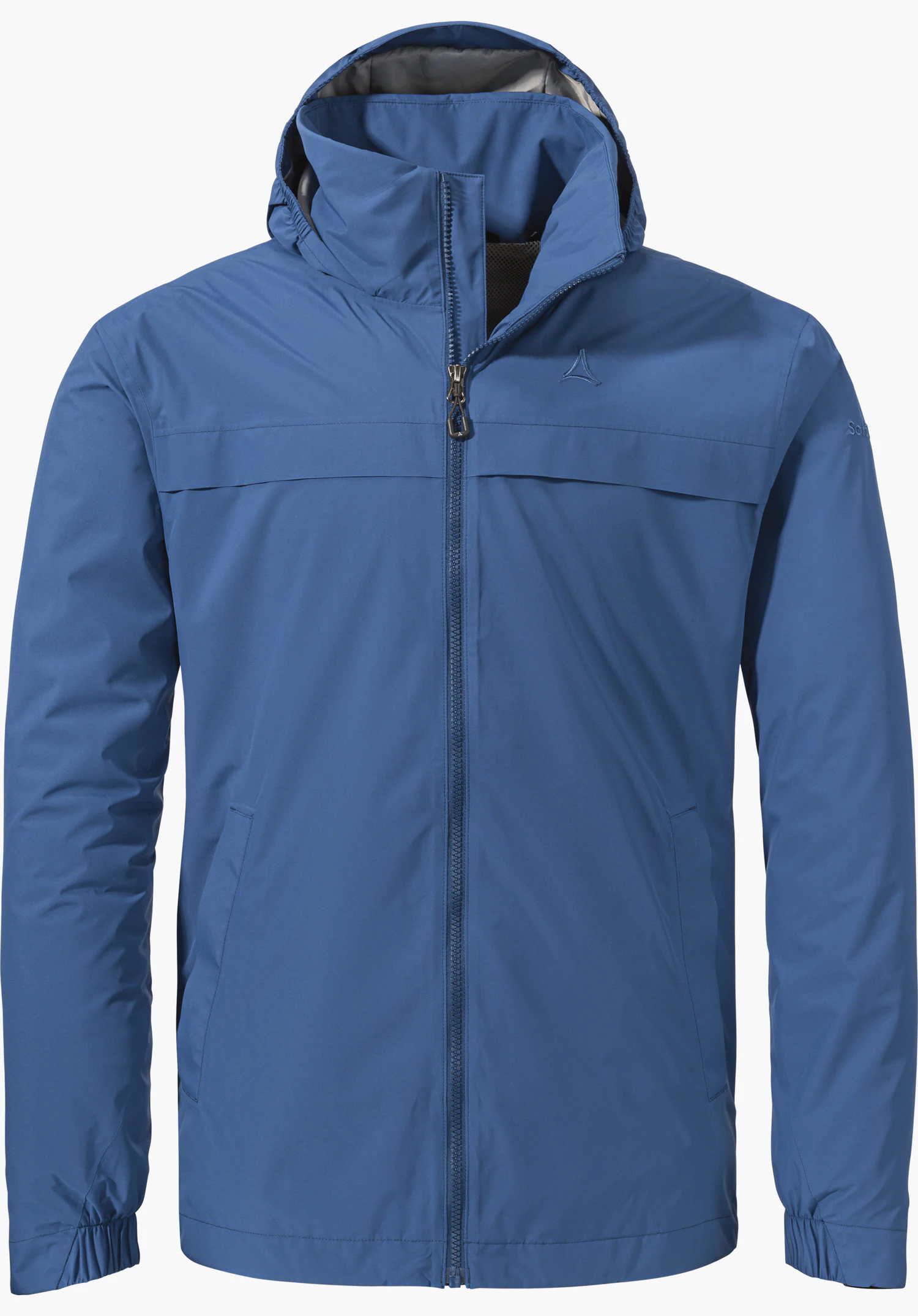 Jacket Style Bohorok MNS in blue with a front zip, hood and visible Schöffel logo on the left chest, isolated against a white background.
