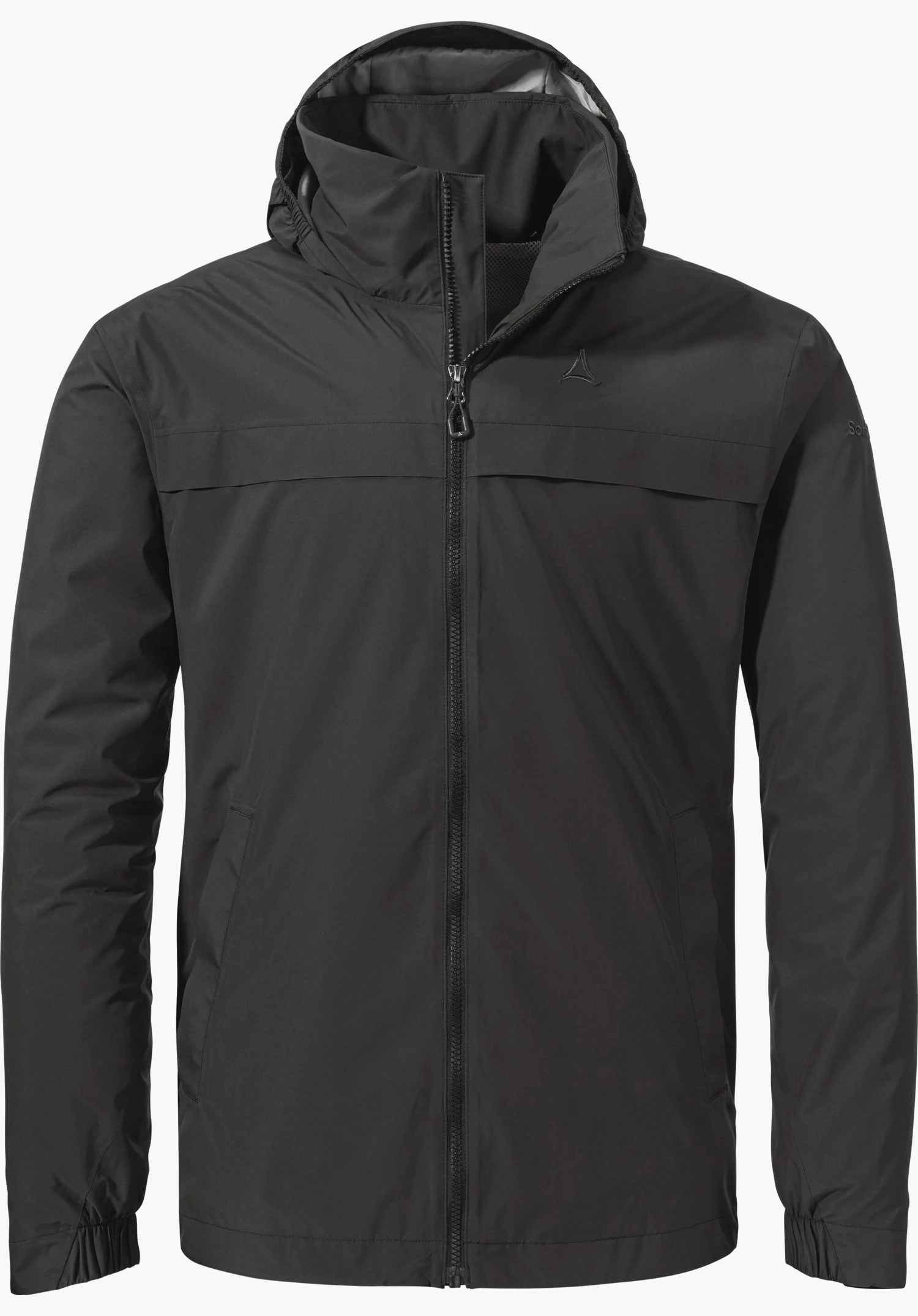 Jacket Style Bohorok MNS in Schwarz mit durchgehendem Frontreißverschluss, Kapuze und dezentem Schöffel-Logo auf der linken Brust, freigestellt vor weißem Hintergrund.