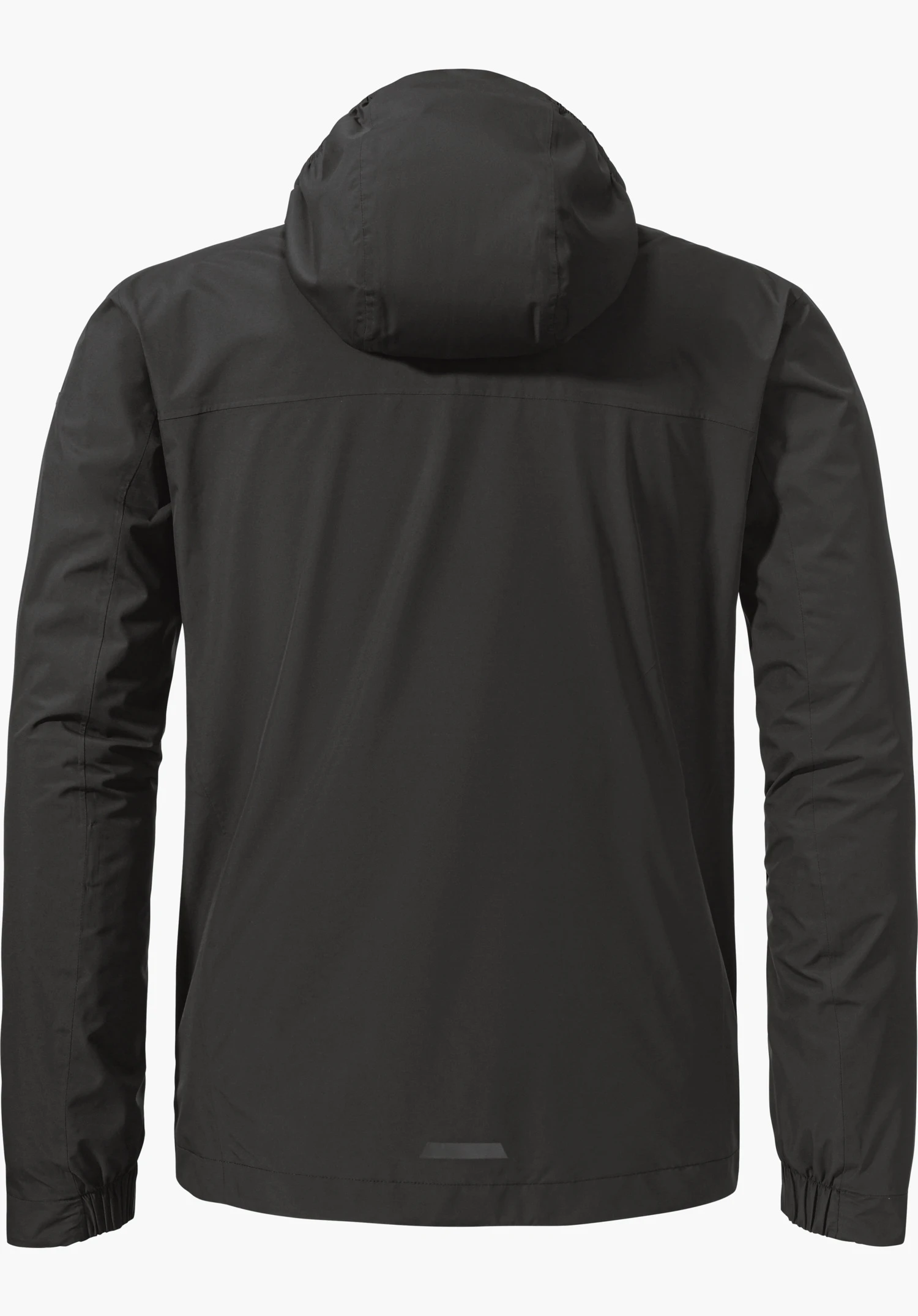 Jacket Style Bohorok MNS in Schwarz präsentiert sich in der Rückansicht mit Kapuze, freigestellt vor weißem Hintergrund.