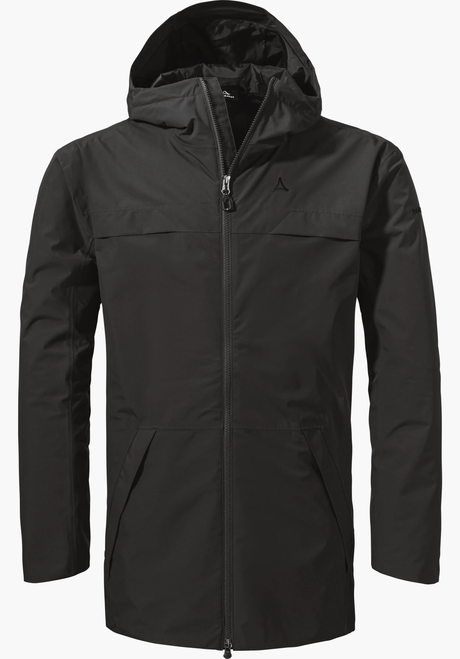 Parka Style Bohorok MNS de couleur noire avec fermeture zippée sur le devant, capuche et logo Schöffel discret sur la poitrine gauche, détouré sur fond blanc.