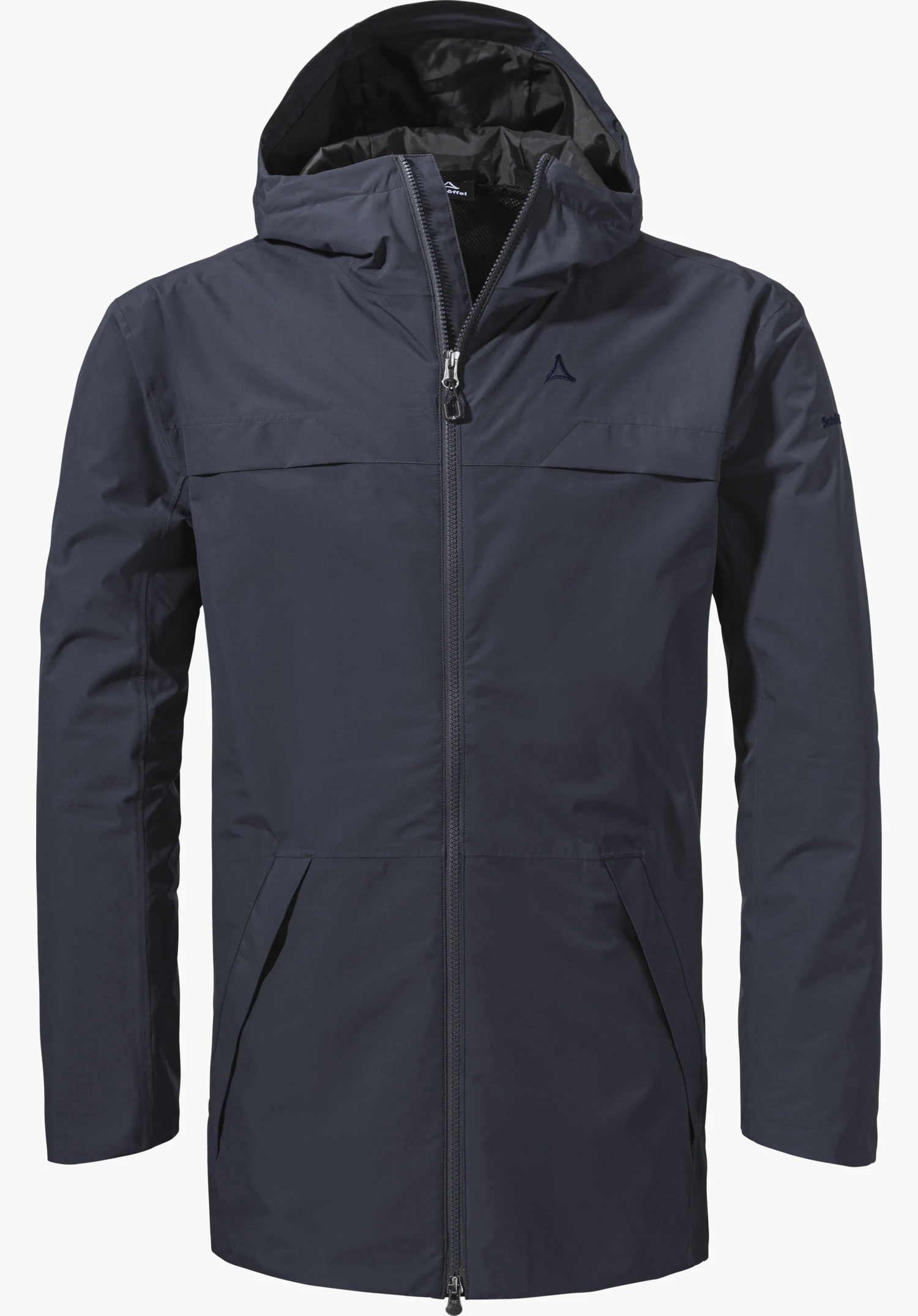 Parka Style Bohorok MNS en bleu présente une vue de face avec une capuche, une fermeture éclair intégrale, deux poches latérales et le logo Schöffel sur la poitrine gauche, isolé sur fond blanc.