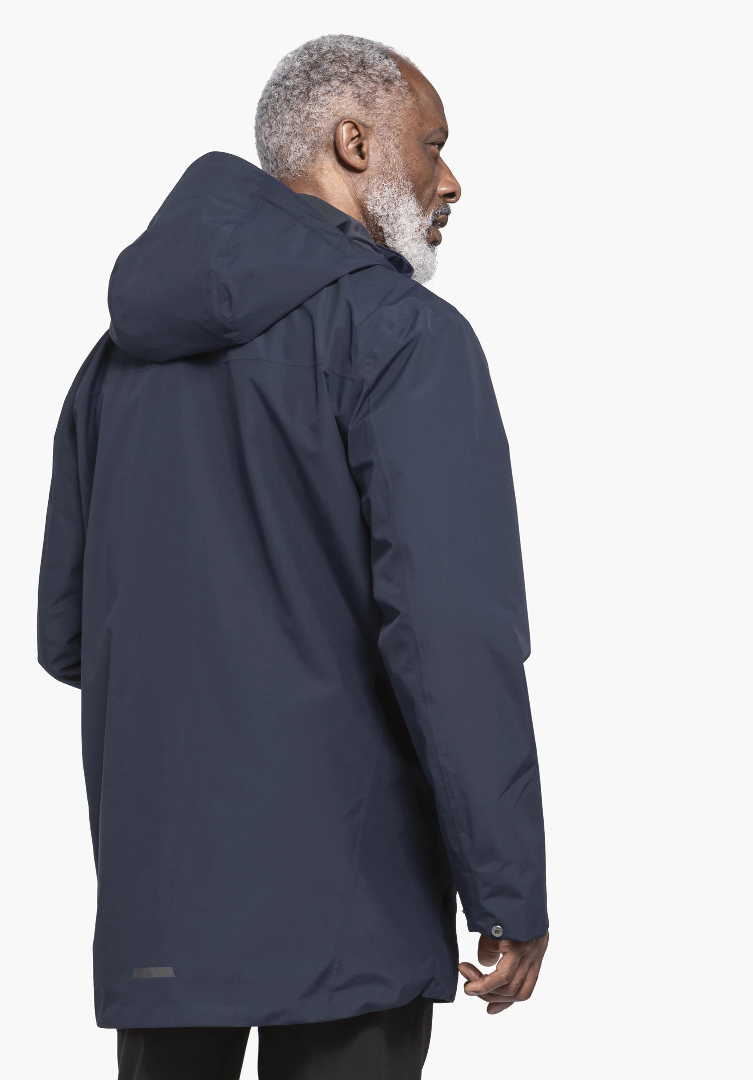 Parka Style Bohorok MNS en bleu, vue de dos portée par un mannequin sur fond neutre.