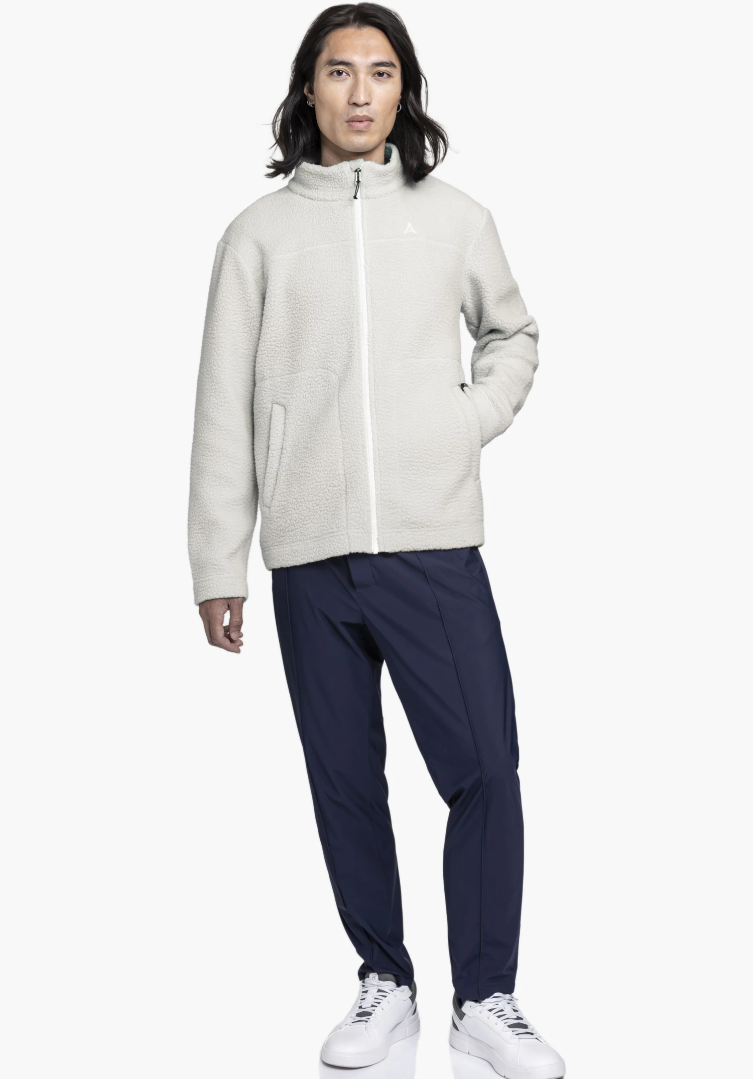CIRC Fleece Jk Style Purga MNS shows the soft, textured fleece fabric in the colour natural, the front zip and the subtle Schöffel logo on the chest. Close-up against a white/neutral background.