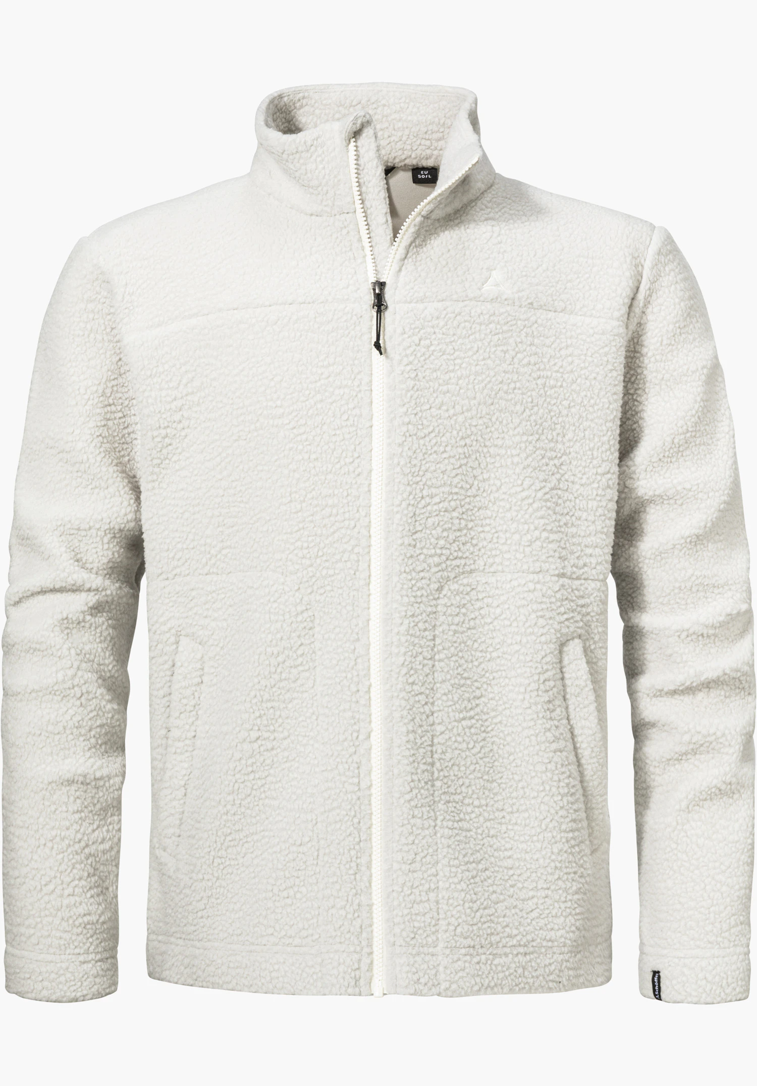 CIRC Fleece Jk Style Purga MNS in the colour natural, a warming fleece jacket with a full-length zip, stand-up collar, side pockets and a subtle Schöffel logo on the left chest, isolated on a white background.