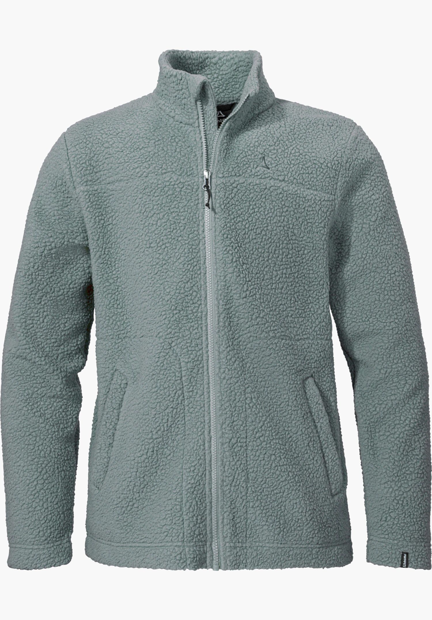 CIRC Fleece Jk Style Purga MNS Sherpa Fleece Jacke in grau in Frontansicht mit durchgehendem Reißverschluss, Stehkragen und Ton-in-Ton Schöffel-Logo, freigestellt vor weißem Hintergrund.