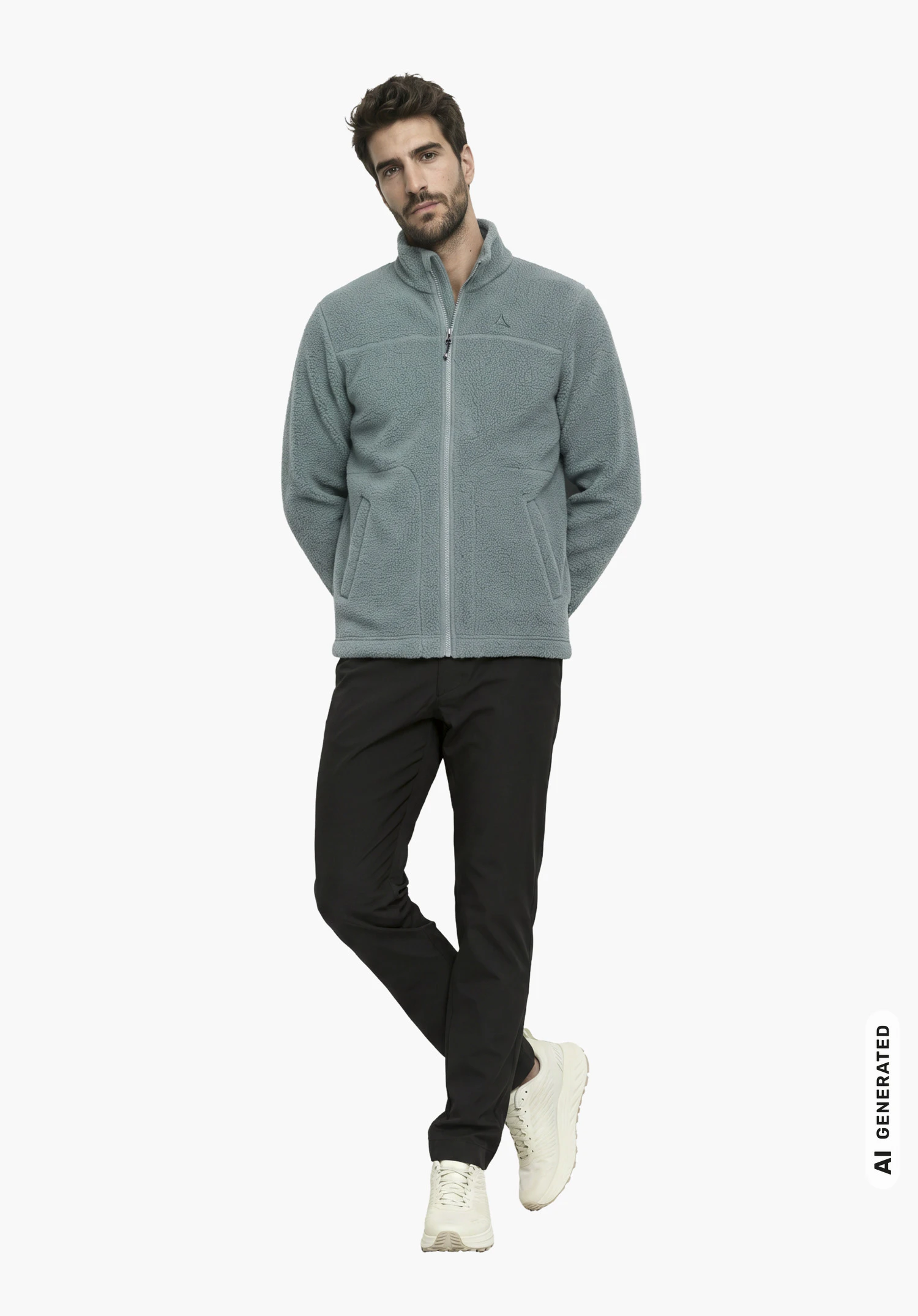 CIRC Fleece Jk Style Purga MNS in grau mit Schöffel-Logo, getragen von einem männlichen Model im aufrechten Stand in Seitenansicht vor weißem Hintergrund. (KI-generiert)