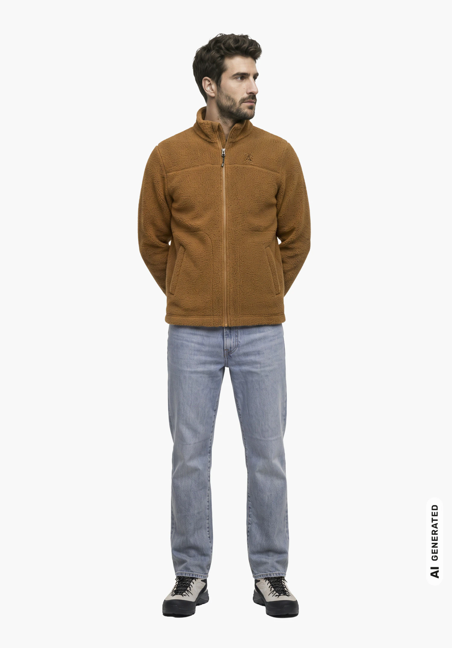 CIRC Fleece Jk Style Purga MNS in braun, getragen von einem männlichen Model mit aufrechtem Stand und hinter dem Rücken verschränkten Armen in Seitenansicht vor weißem Hintergrund. (KI-generiert)