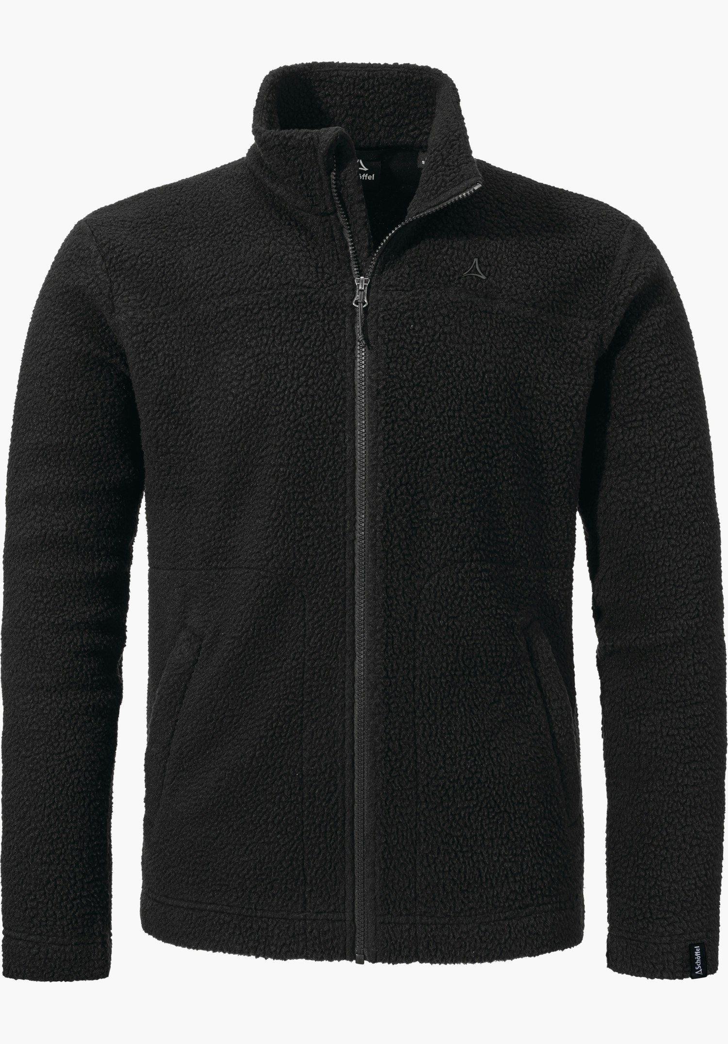 CIRC Fleece Jk Style Purga MNS als schwarze Fleecejacke mit durchgehendem Reißverschluss, Stehkragen und dezentem Schöffel-Logo auf der linken Brust, freigestellt vor weißem Hintergrund.