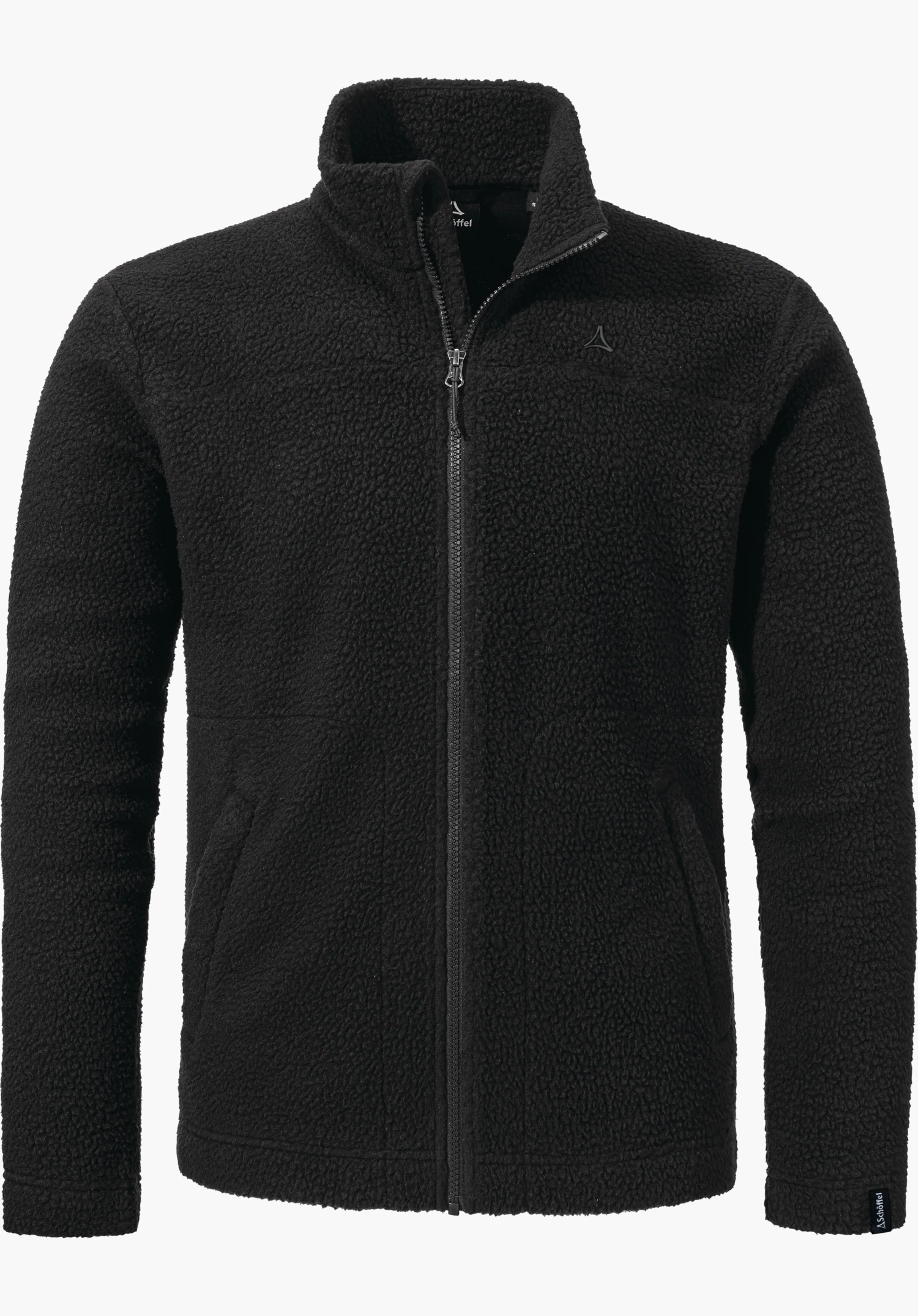 CIRC Fleece Jk Style Purga MNS as a black fleece jacket with a full-length zip, stand-up collar and subtle Schöffel logo on the left chest, isolated against a white background.