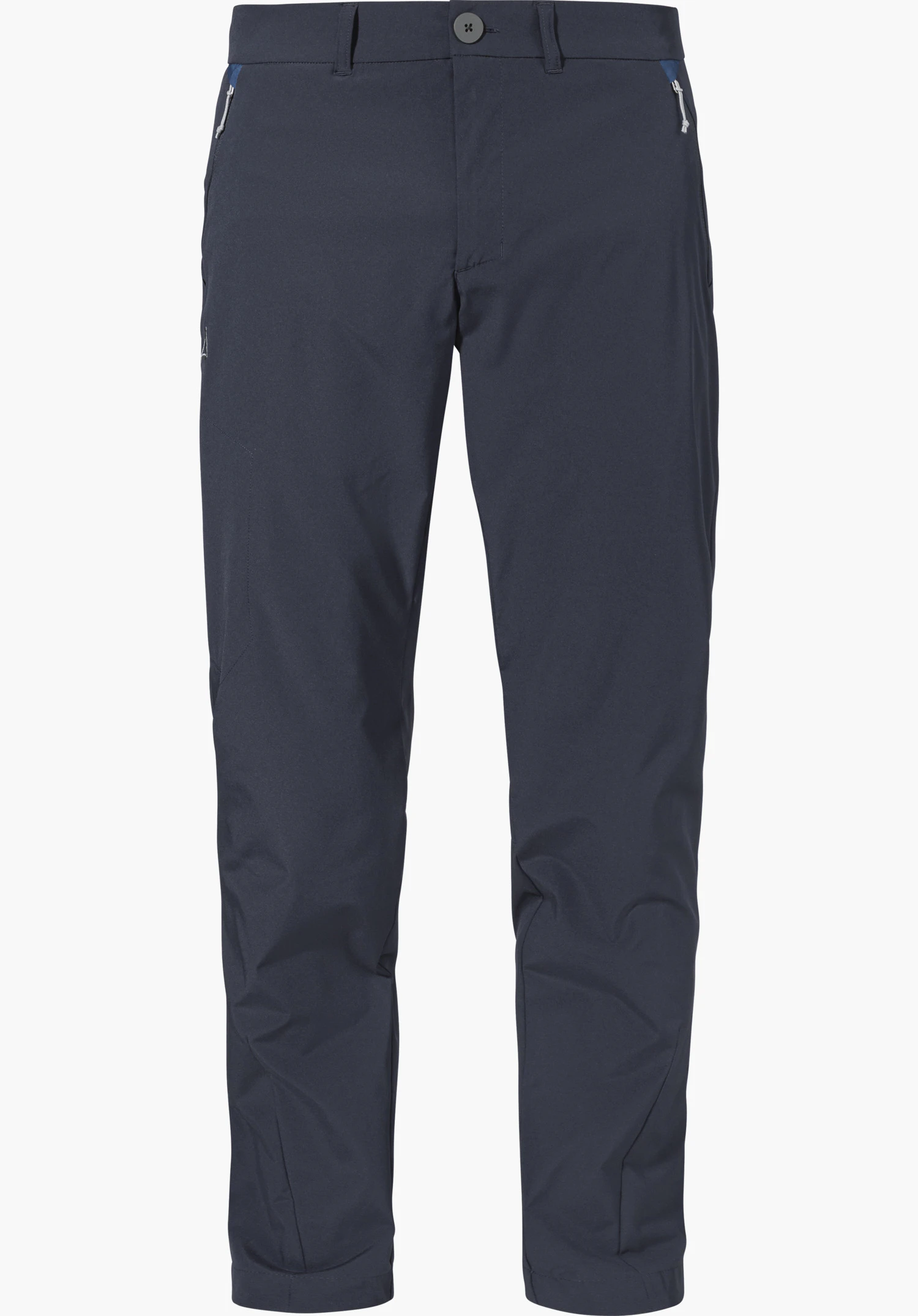 CIRC Pants Style Smue MNS in blue with belt loops, side zipped pockets and a Schöffel logo on the left side, isolated on a white background.