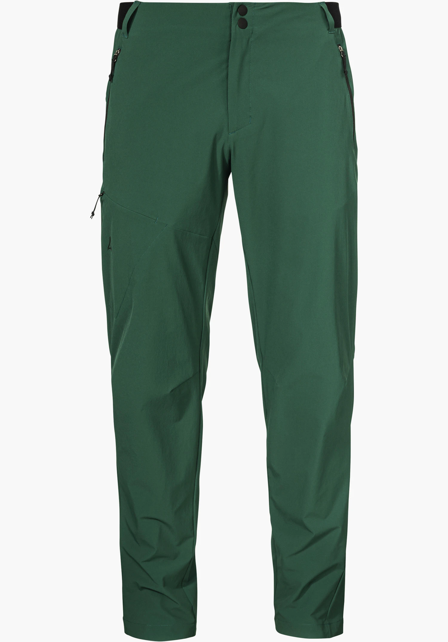 Pants Style Blaustein MNS en vert avec des poches zippées noires et un logo Schöffel sur la jambe droite, détouré sur fond blanc.
