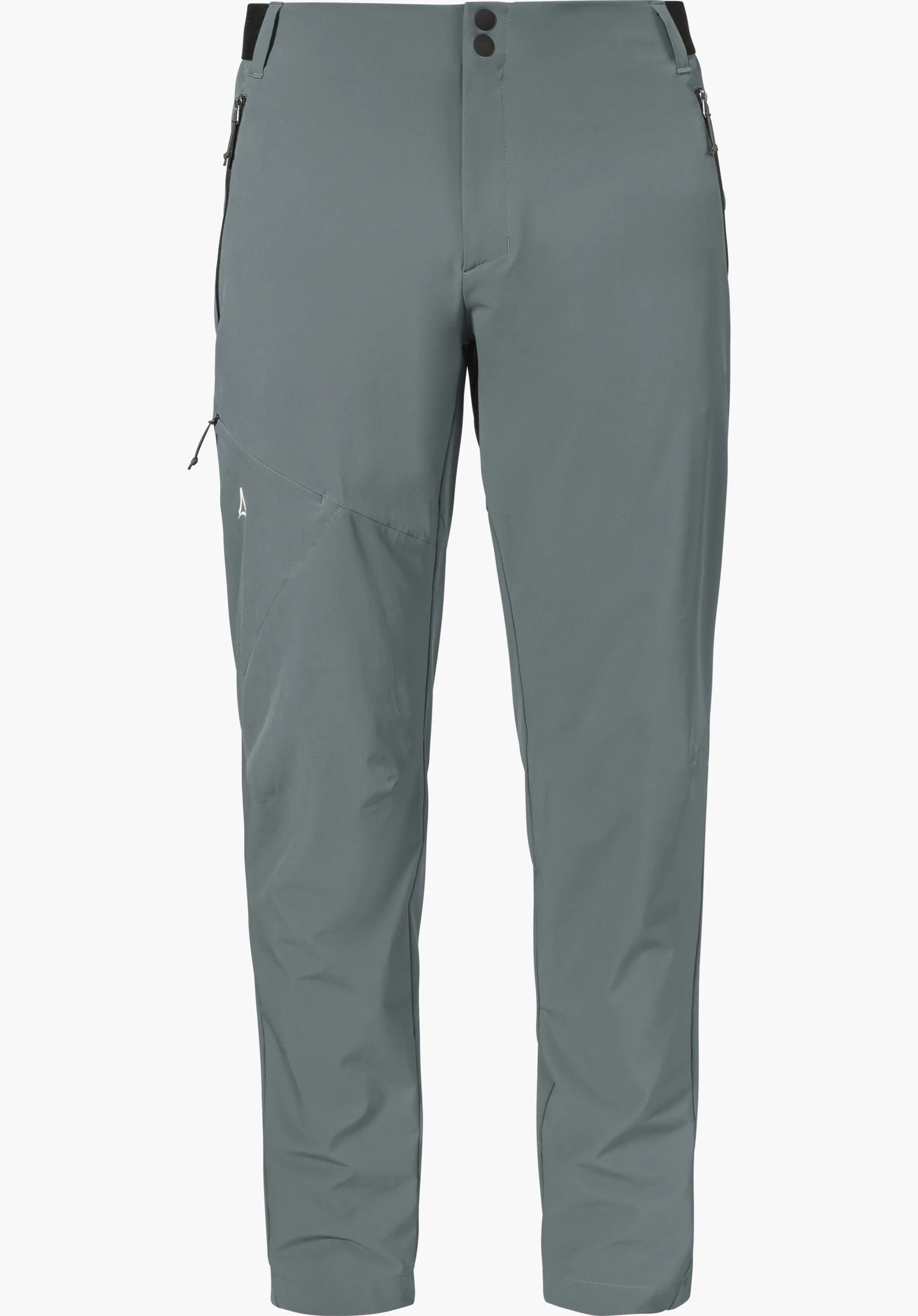 Pants Style Blaustein MNS in Grau mit sichtbarem Schöffel-Logo auf dem rechten Bein und Reißverschlusstaschen, freigestellt vor weißem Hintergrund.