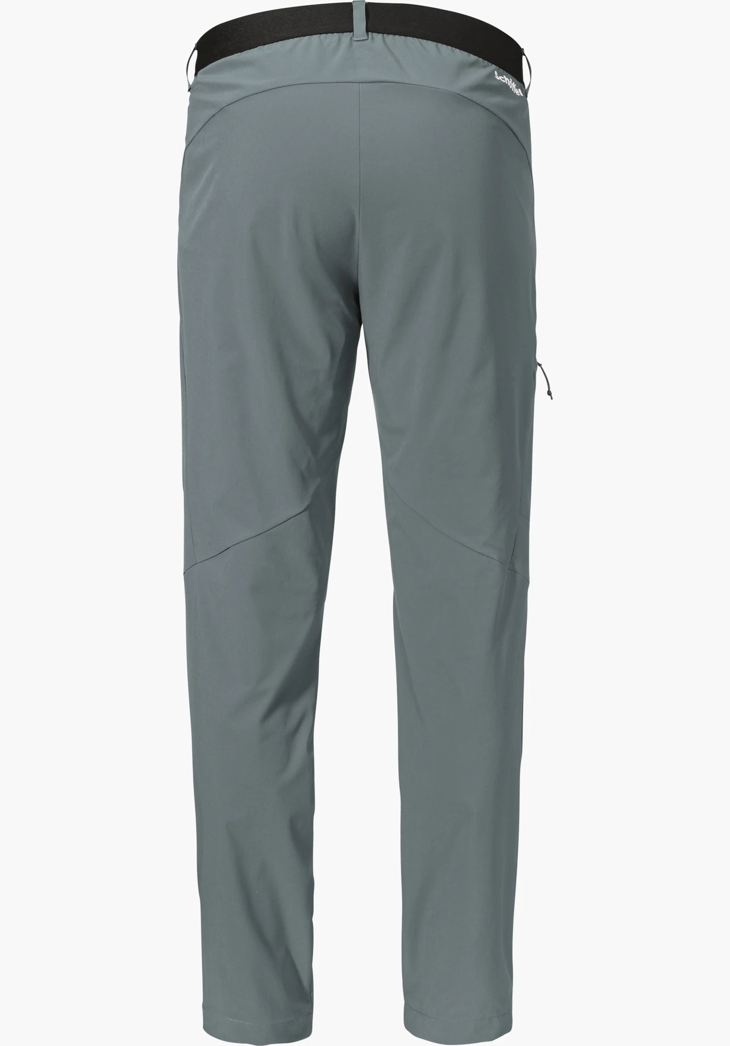Pants Style Blaustein MNS in grauer Farbe, gezeigt von der Rückseite mit schwarzem Bund und sichtbarem Schöffel-Logo auf der rechten Seite, freigestellt vor weißem Hintergrund.