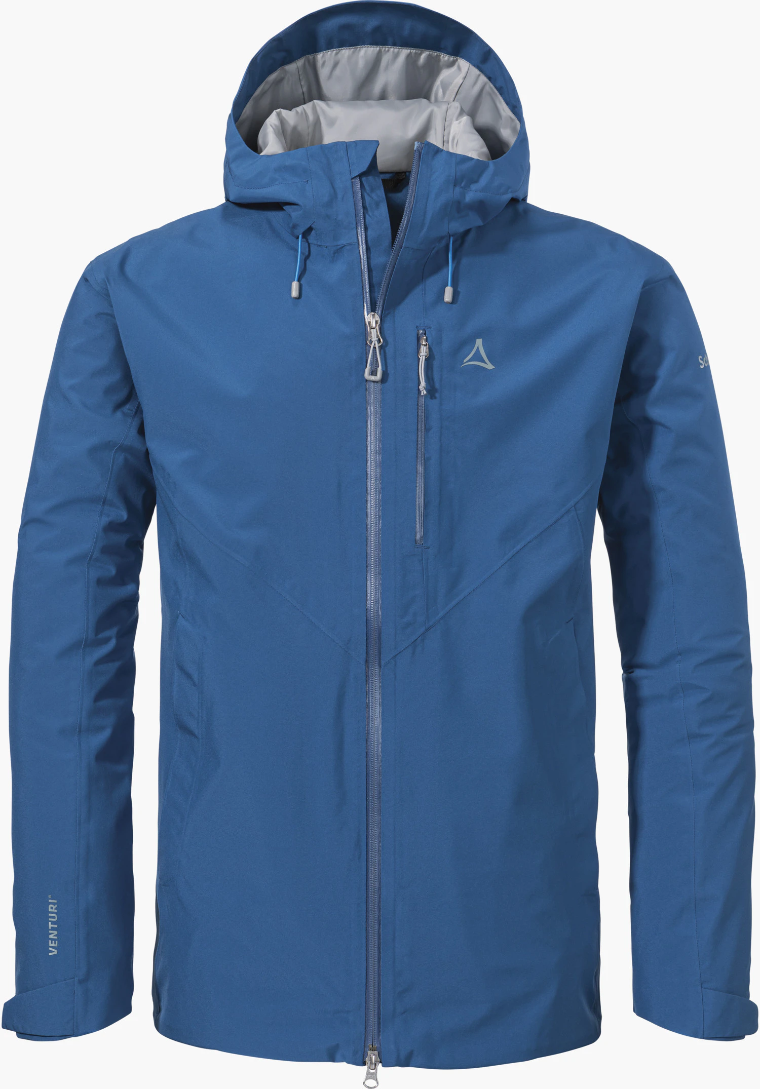 Jacket Style Mauku MNS in Blau mit Kapuze, Frontreißverschluss und sichtbarem Schöffel-Logo auf der linken Brust, freigestellt vor weißem Hintergrund.