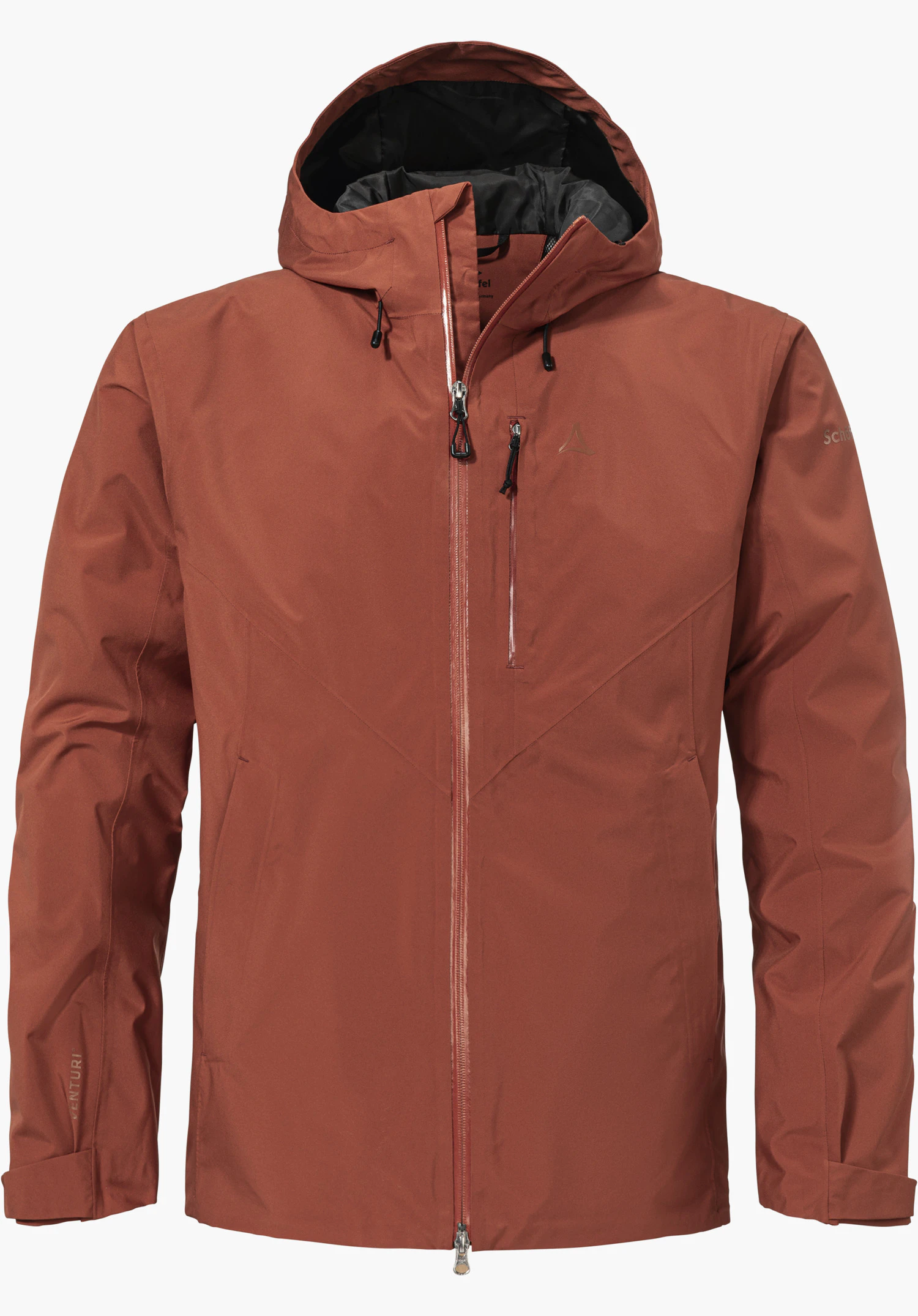 Jacket Style Mauku MNS in het rood is voorzien van een capuchon, een doorlopende ritssluiting aan de voorkant, een borstzak en een subtiel Schöffel-Logo op de borst, vrijstaand tegen een witte achtergrond.
