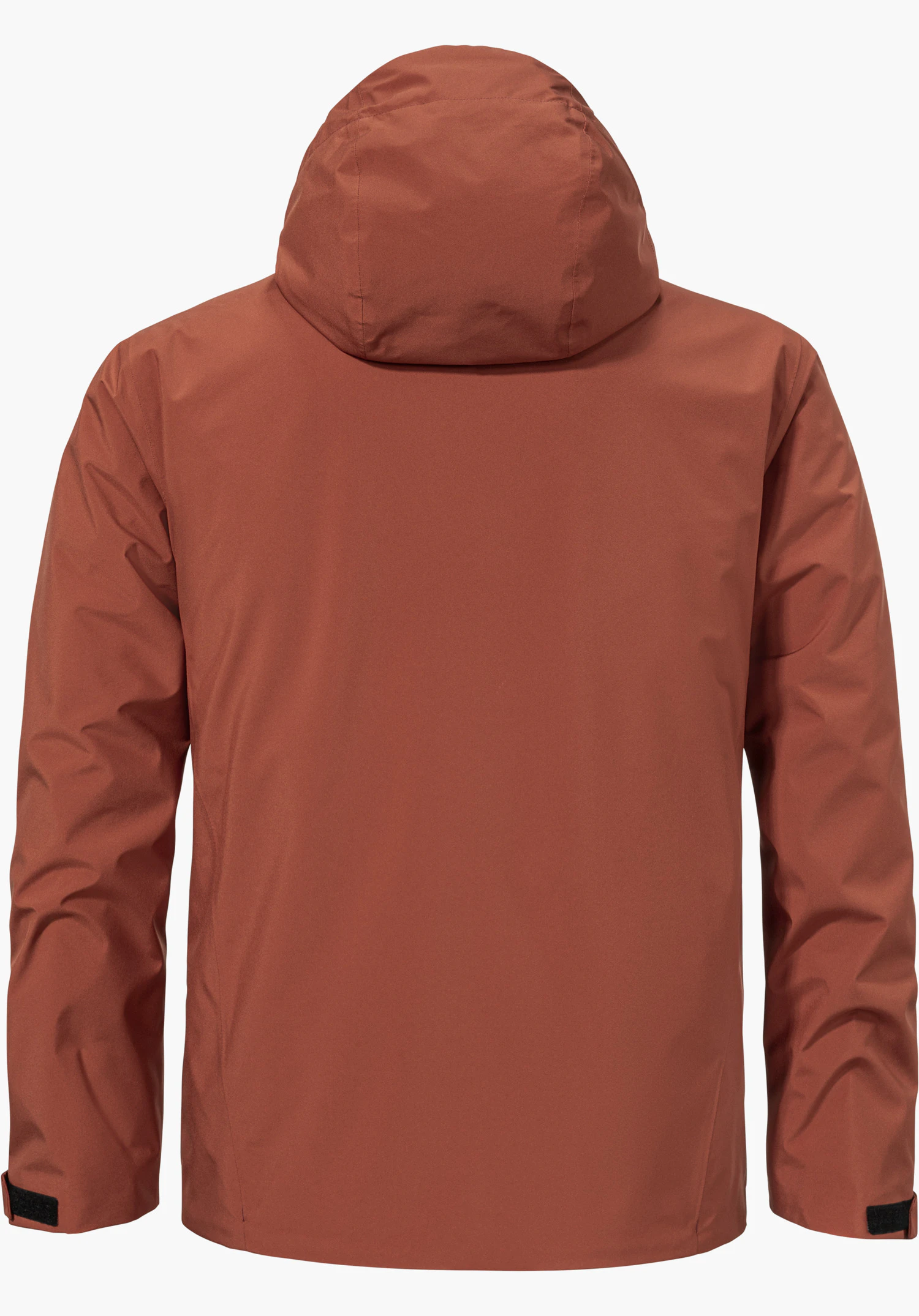 Jacket Style Mauku MNS in het rood toont de achterkant met opgezette capuchon, vrijstaand tegen een witte achtergrond.