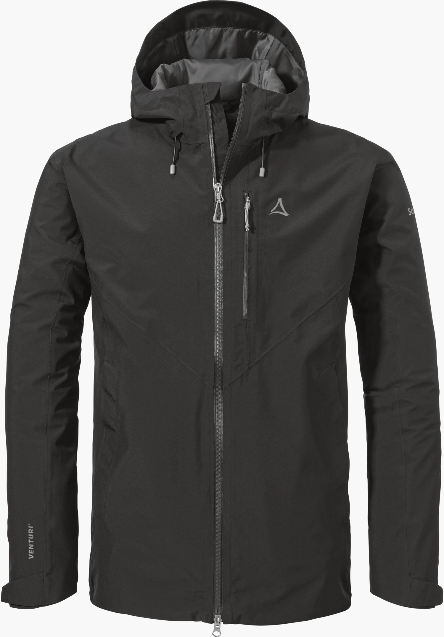 Jacket Style Mauku MNS in black featuring a full-length front zip, hood and Schöffel logo on the left chest, isolated against a white background.