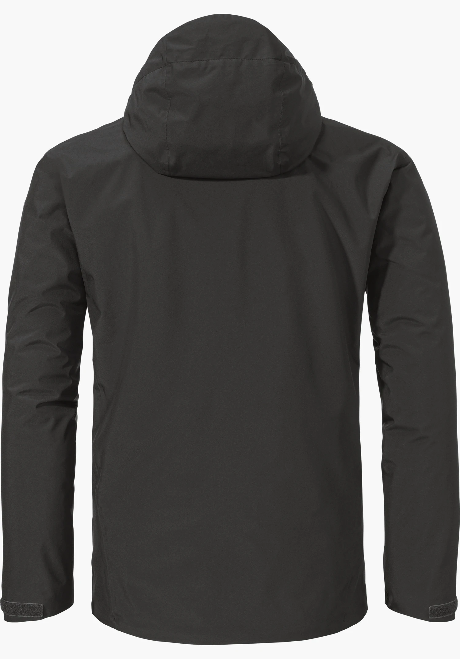 Jacket Style Mauku MNS in black shows the back view with a hood, isolated against a white background.