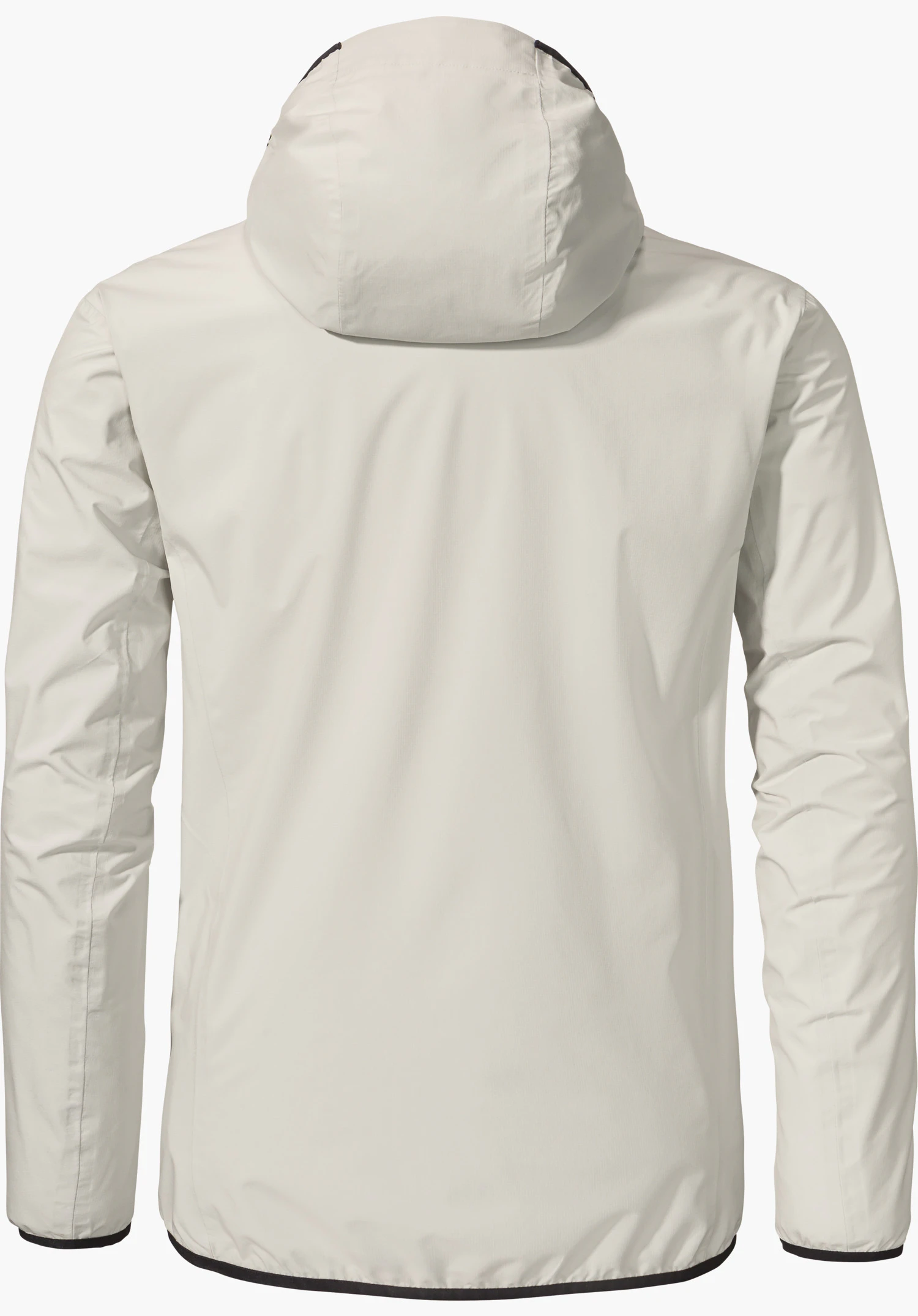 Jacket Style Migandi MNS in der Farbe Natur, gezeigt in der Rückansicht mit Kapuze und dunklen Saumabschlüssen, freigestellt vor weißem Hintergrund.