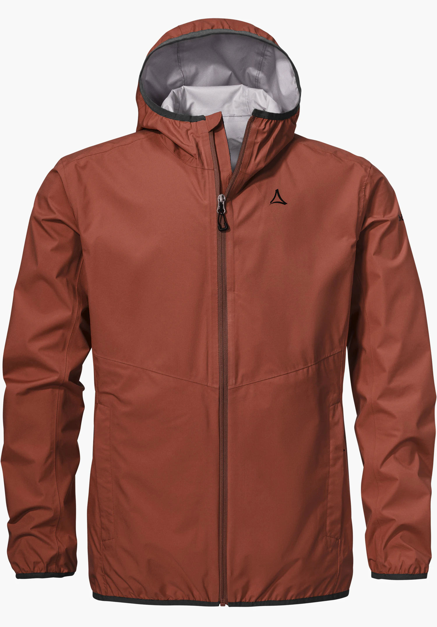 Jacket Style Migandi MNS in red with a raised hood, partially open front zip and black Schöffel logo on the left chest, isolated on a white background.