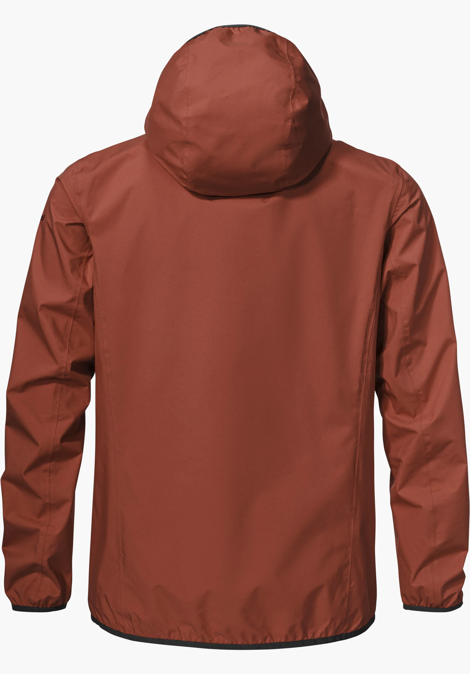 Jacket Style Migandi MNS in red is shown from the back with a hood and a Schöffel logo on the left sleeve, isolated on a white background.