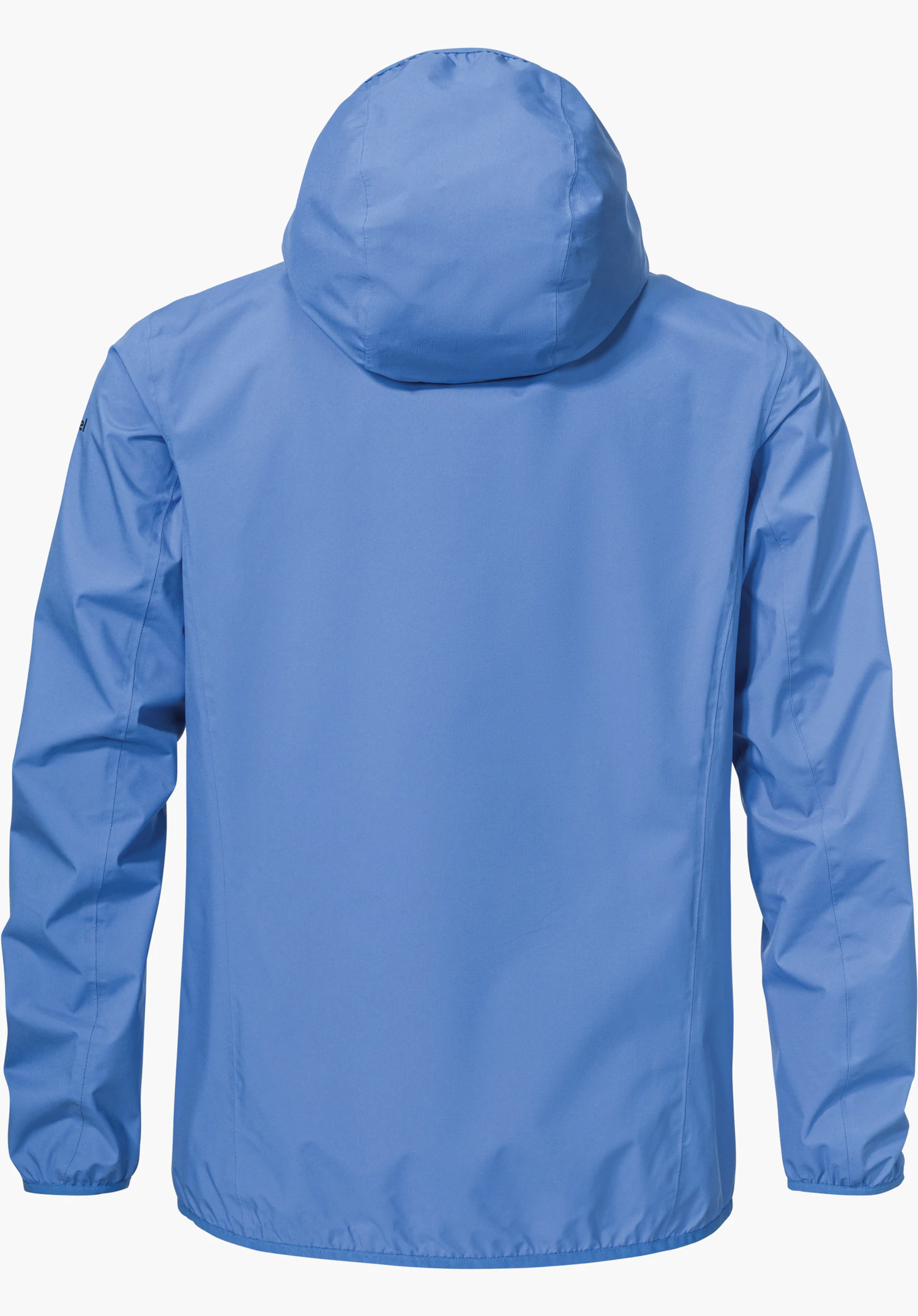Jacket Style Migandi MNS als blaue Rückansicht mit Kapuze und teilsichtbarem Schöffel-Logo am linken Ärmel, freigestellt vor weißem Hintergrund.