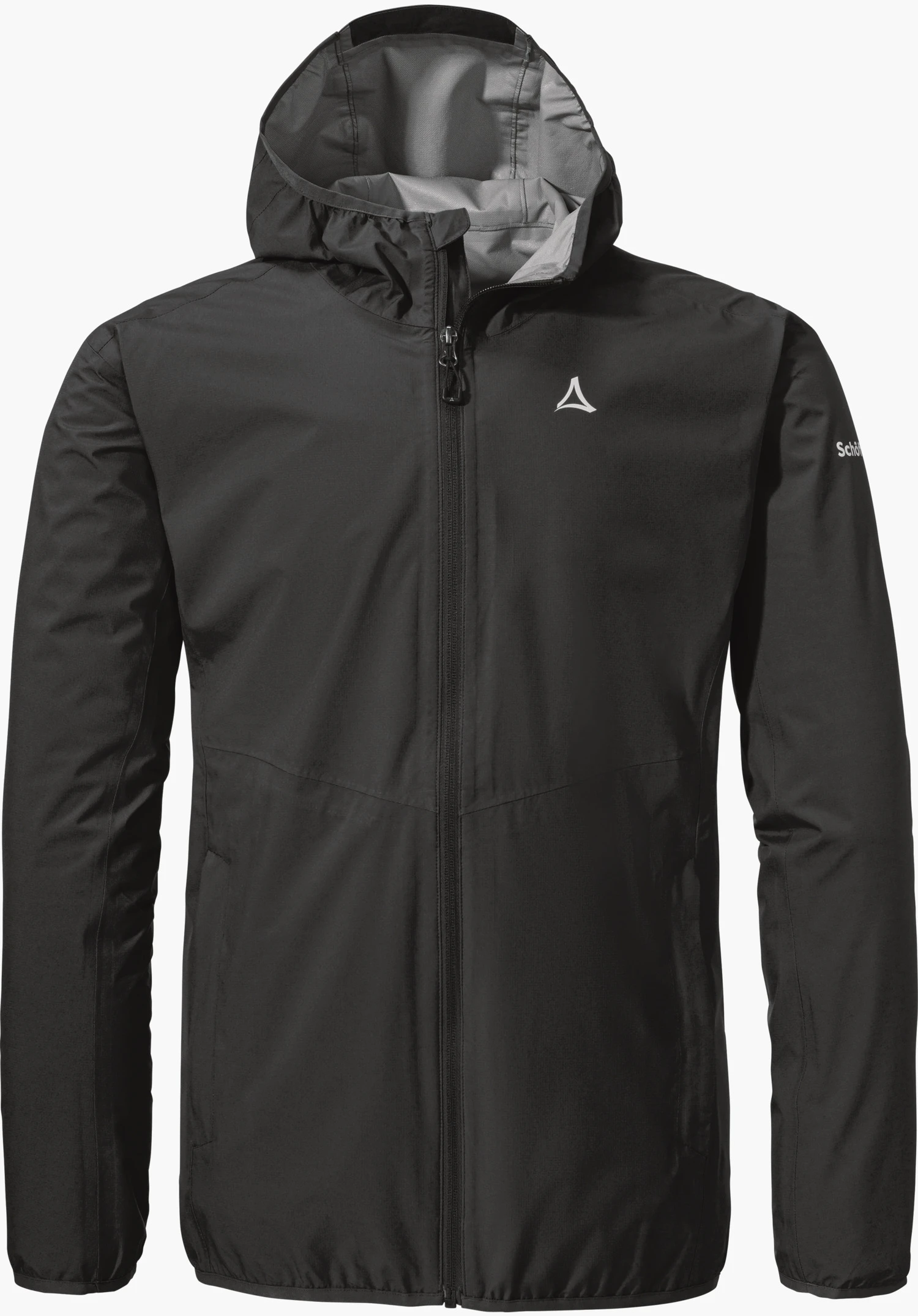 Jacket Style Migandi MNS black VENTURI® hiking jacket with hood, zip closed; Schöffel logo on the chest, “Schöffel” lettering on the sleeve; white background.