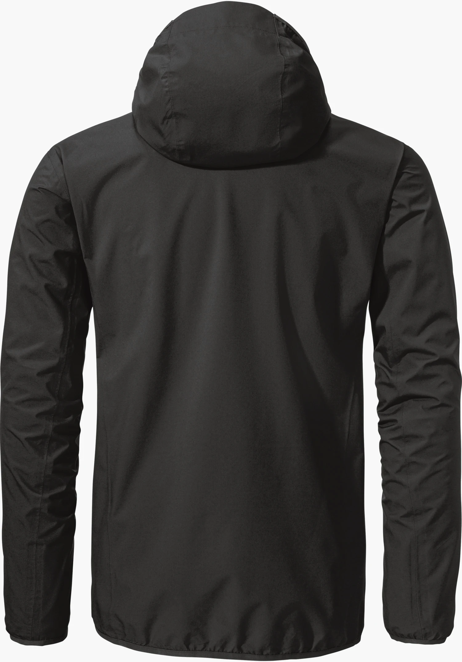 Jacket Style Migandi MNS black jacket, rear view; showing attached hood and long sleeves; smooth surface, loosely hanging against an even white background.