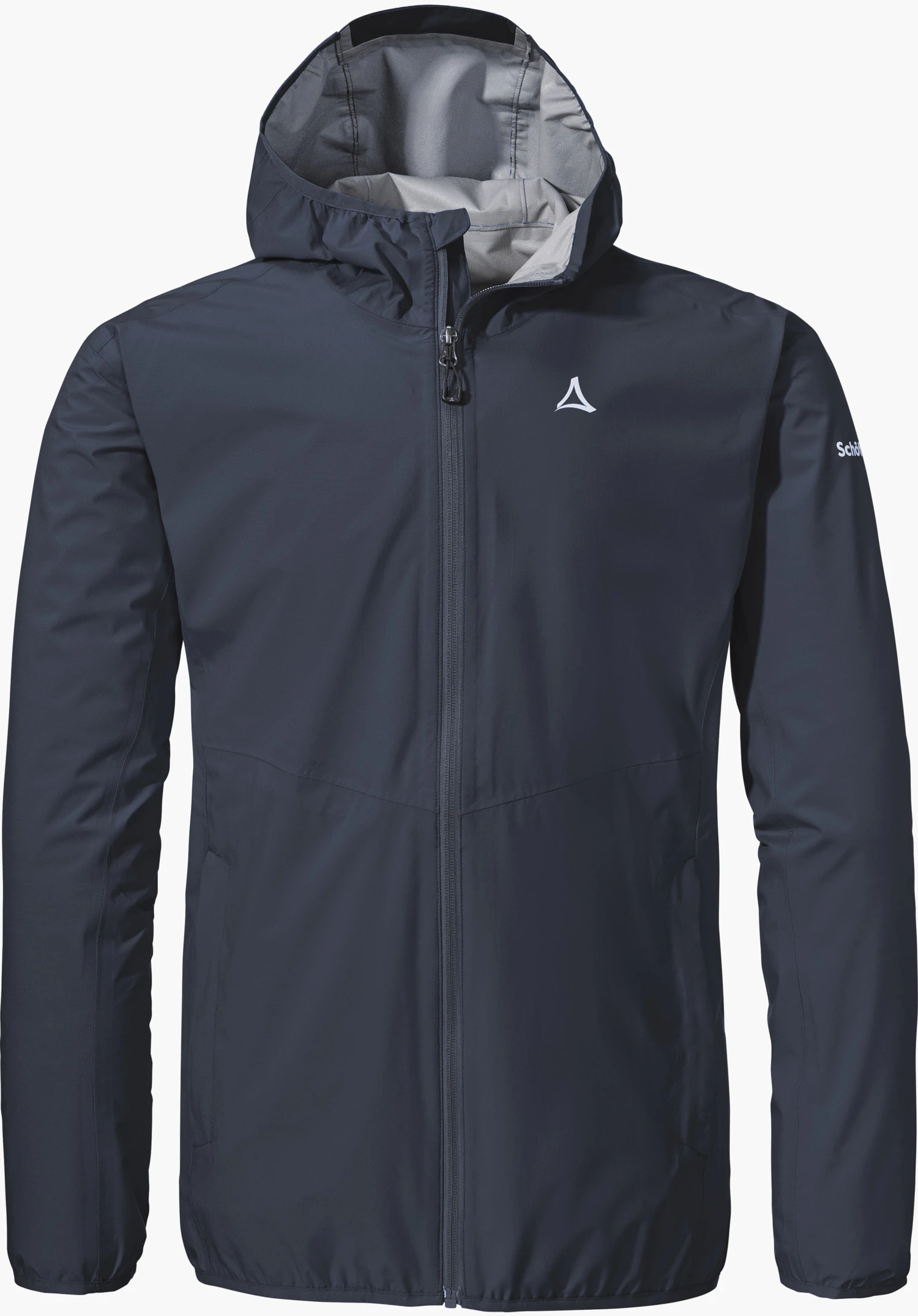 Jacket Style Migandi MNS dark blue VENTURI® hiking jacket with hood, zip closed; Schöffel logo on the chest, “Schöffel” lettering on the sleeve; white background.