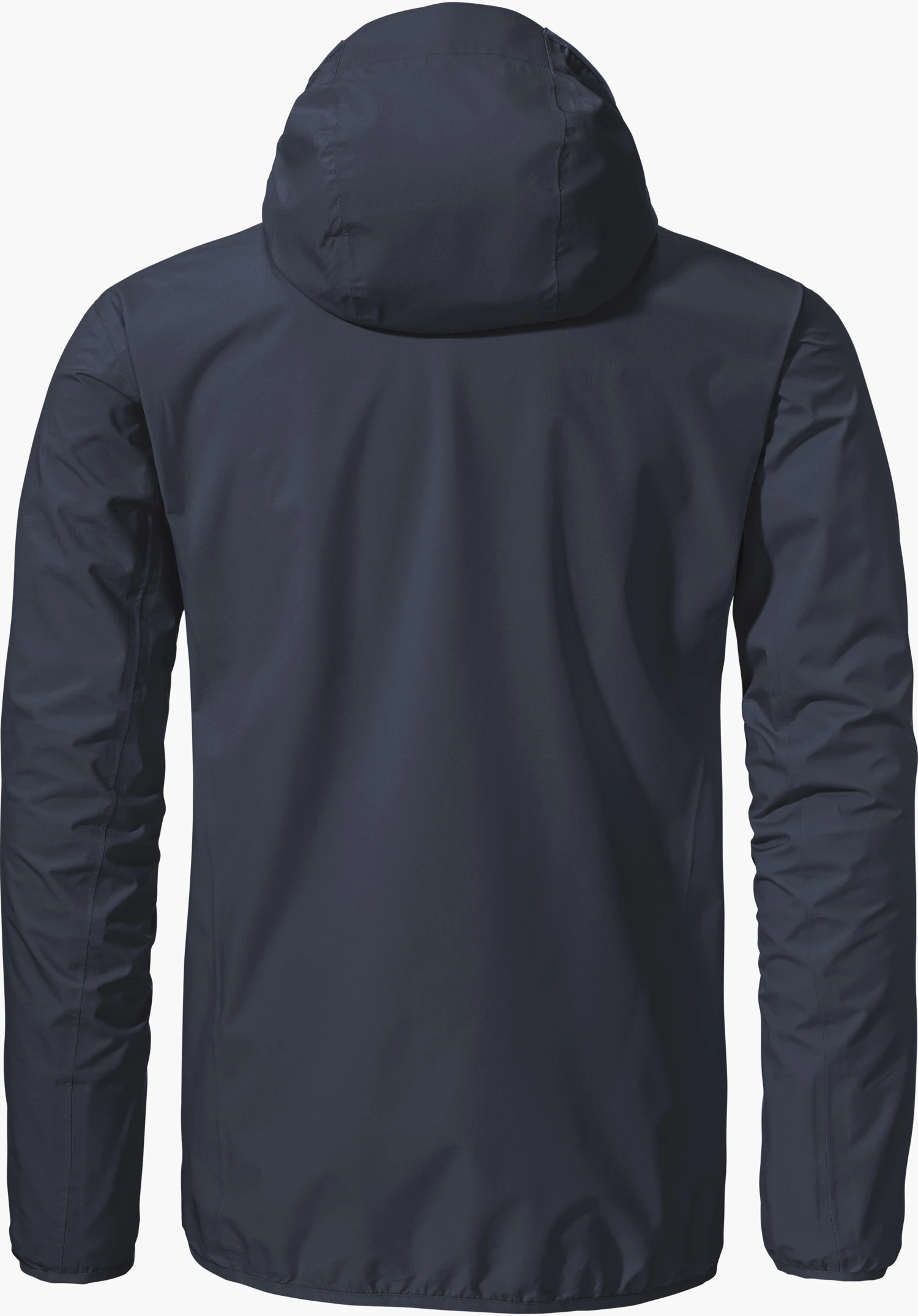Jacket Style Migandi MNS dark blue hooded jacket, rear view visible; hood attached, sleeves relaxed; smooth surface with light fabric creasing, against a neutral white background.