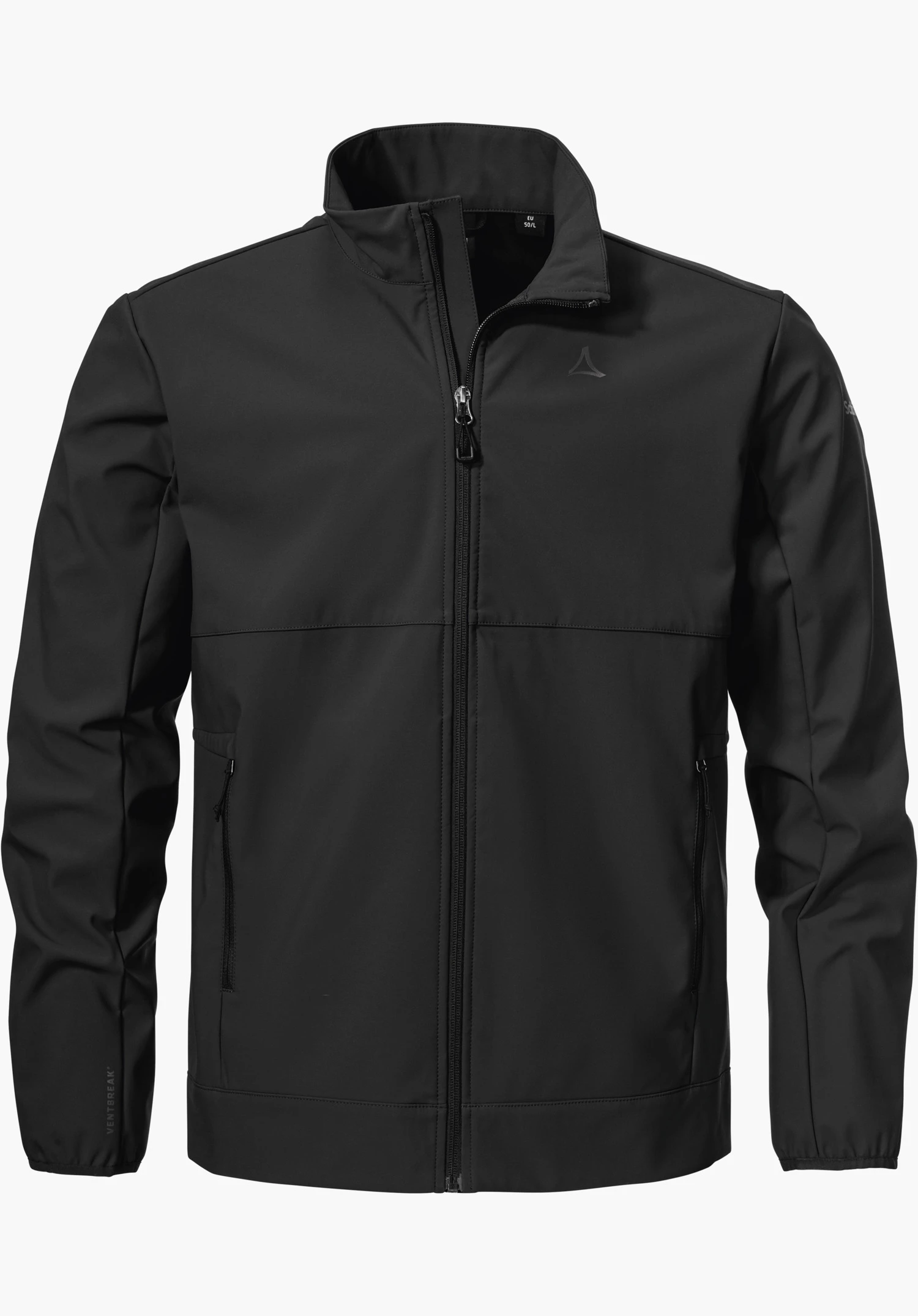 Softshell Jk Style Mirusha MNS en noir avec une fermeture zippée sur le devant, un col montant, deux poches latérales zippées et un logo Schöffel sur la poitrine gauche, détouré sur fond blanc.
