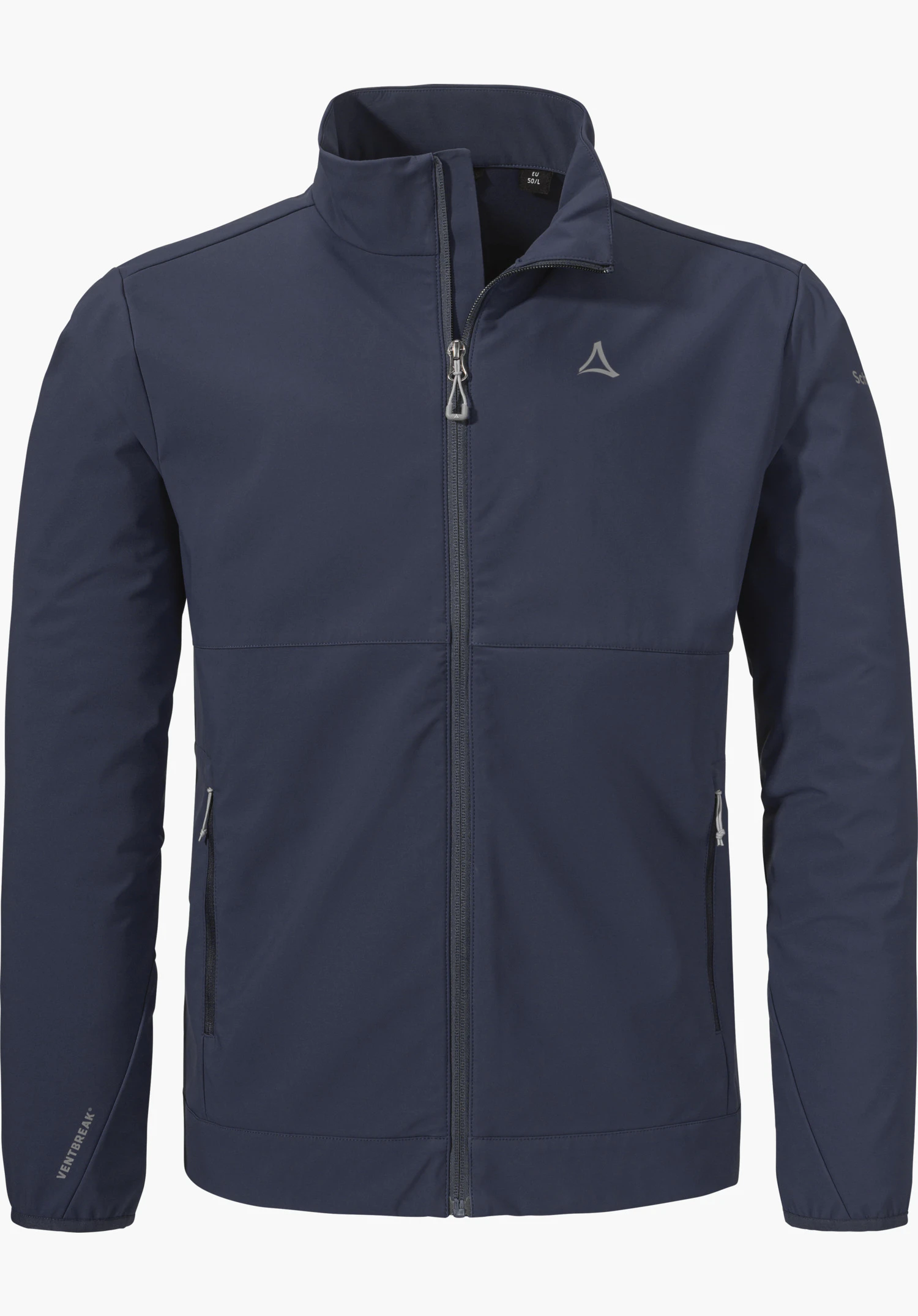 Softshell Jk Style Mirusha MNS in blue with a full-length zip and Schöffel logo on the left chest, isolated on a white background.