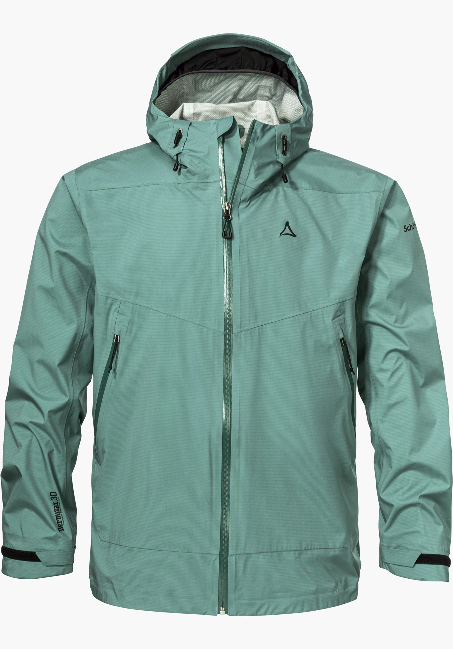2.5L 3D Jacket Vistdal M in green with a hood, full-length zip and Schöffel logo on the chest, isolated on a white background.