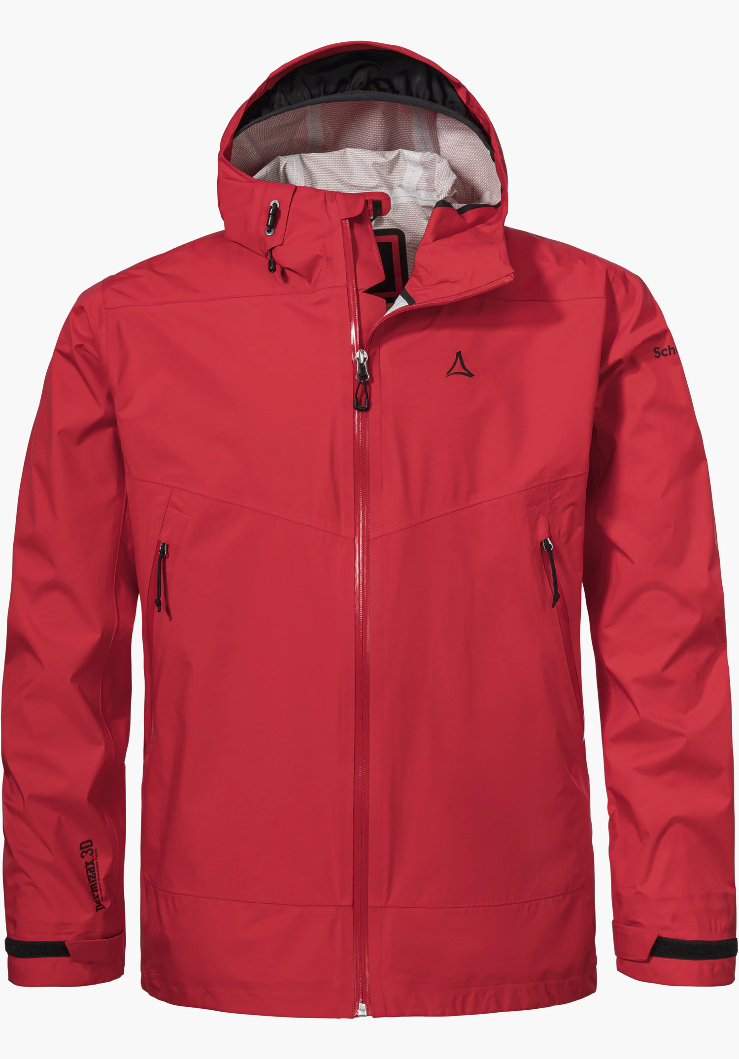 2.5L 3D Jacket Vistdal M de couleur rouge avec une capuche, une fermeture éclair frontale intégrale et le logo Schöffel noir sur la poitrine gauche, détourée sur fond blanc.