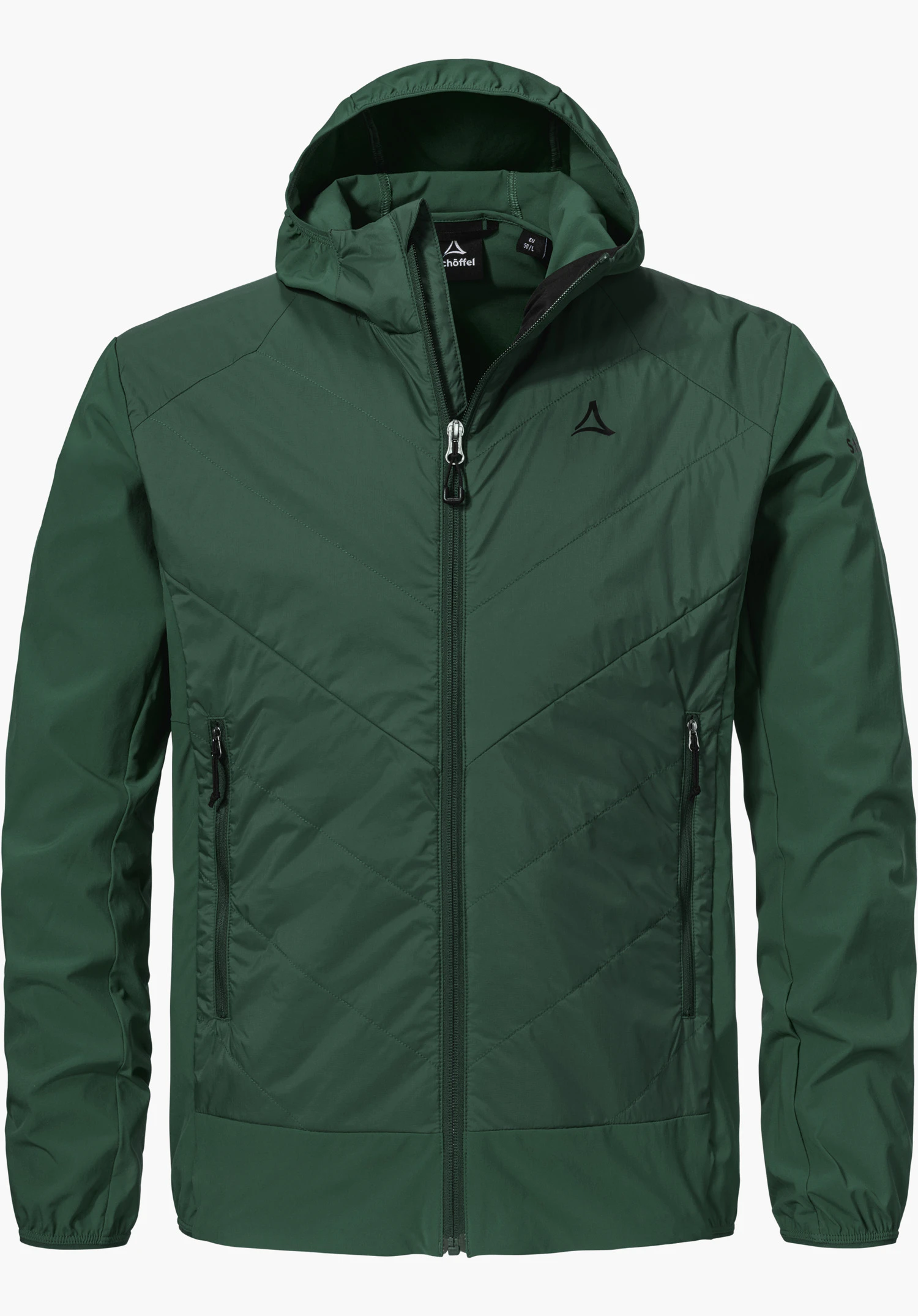 Hybrid Jk Style Blaueis MNS in green, featuring a hood, front zip and Schöffel logo on the left chest, isolated against a white background.