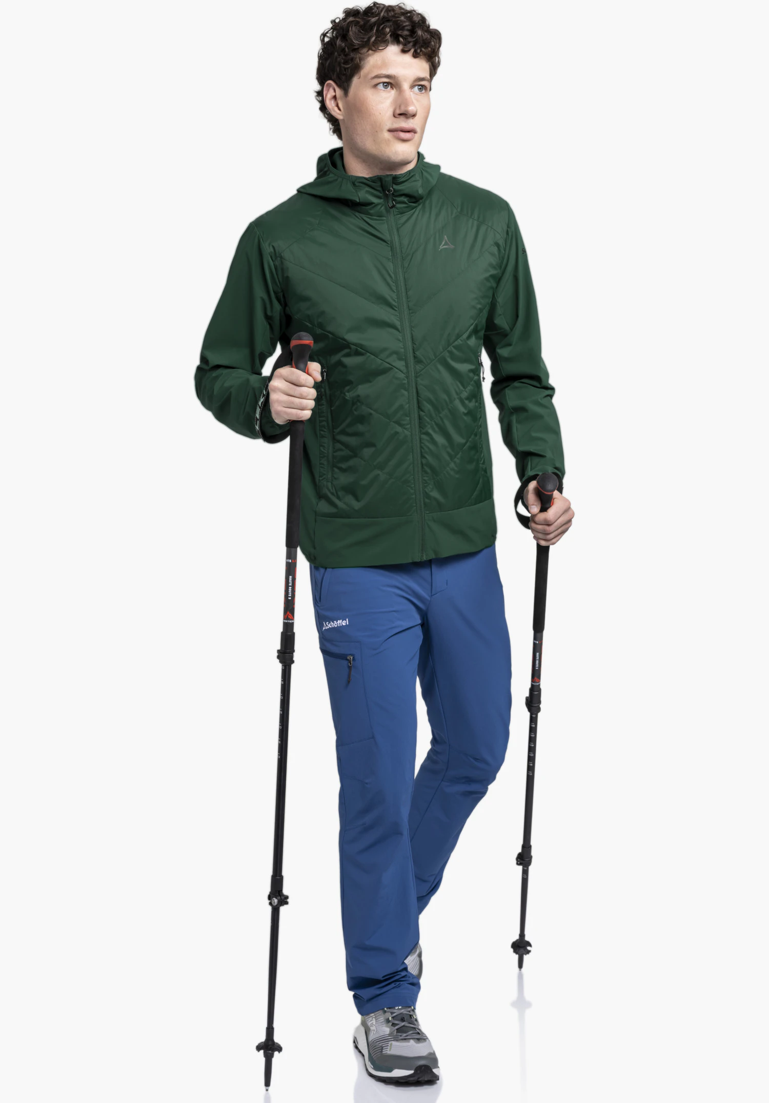 Hybrid Jk Style Blaueis MNS showcases the quilted front section in green with distinctive V-quilting and the Schöffel logo on the chest for a technical appearance. Close-up in front of a white background.