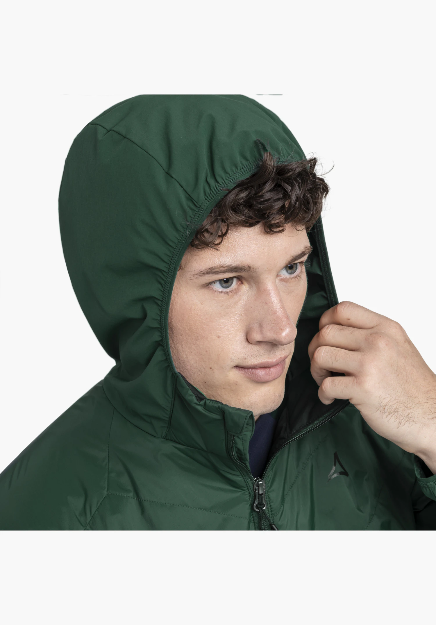 Hybrid Jk Style Blaueis MNS, focusing on the detail of the close-fitting green hood, the half-open front zip, and the Schöffel logo on the chest. Close-up against a white/neutral background.