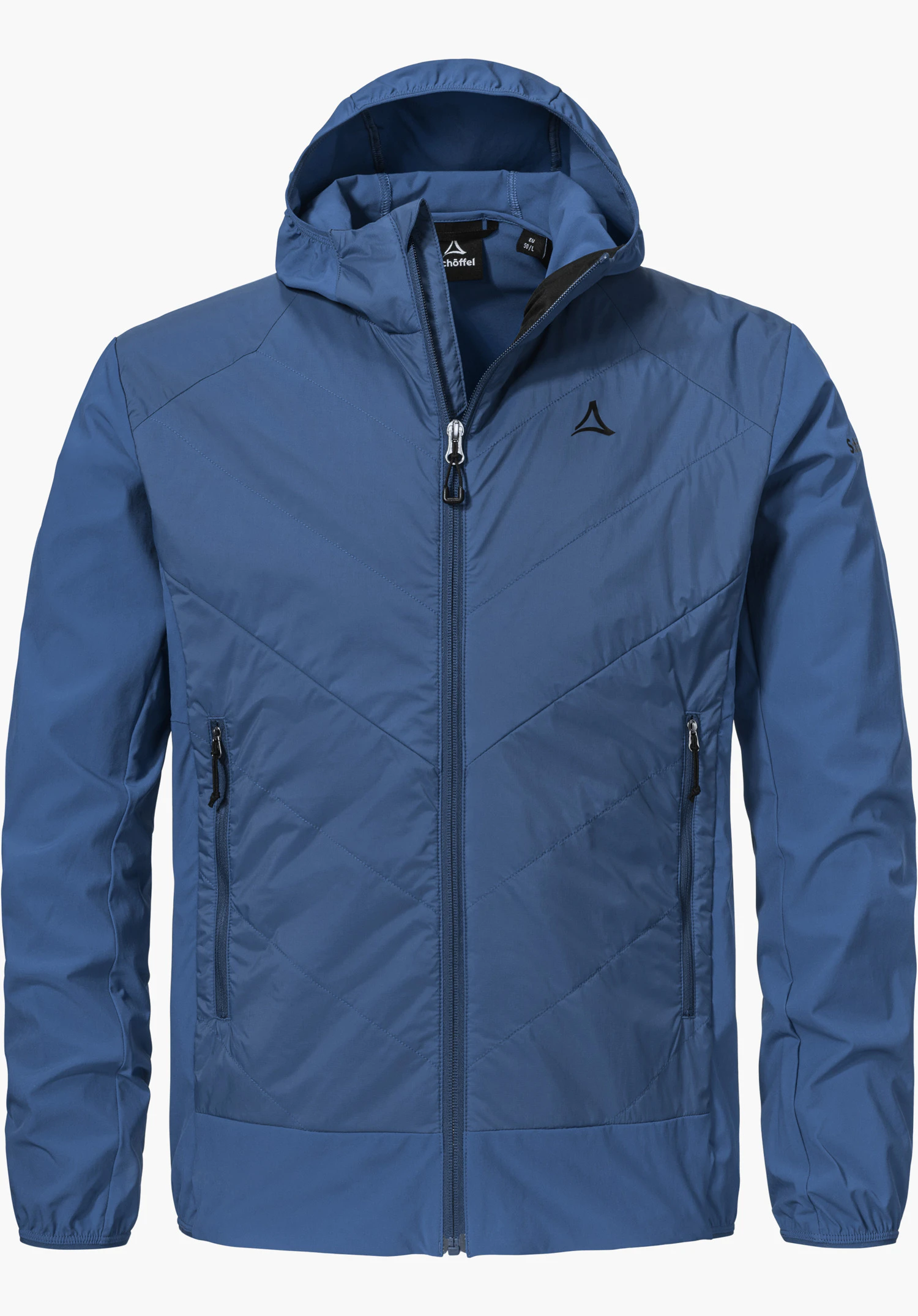 Hybrid Jk Style Blaueis MNS is een blauwe jas met capuchon, voorzien van een doorlopende ritssluiting aan de voorkant, V-vormig stiksel op de voorzijde en een zwart Schöffel-logo op de linkerborst, vrijstaand tegen een witte achtergrond.