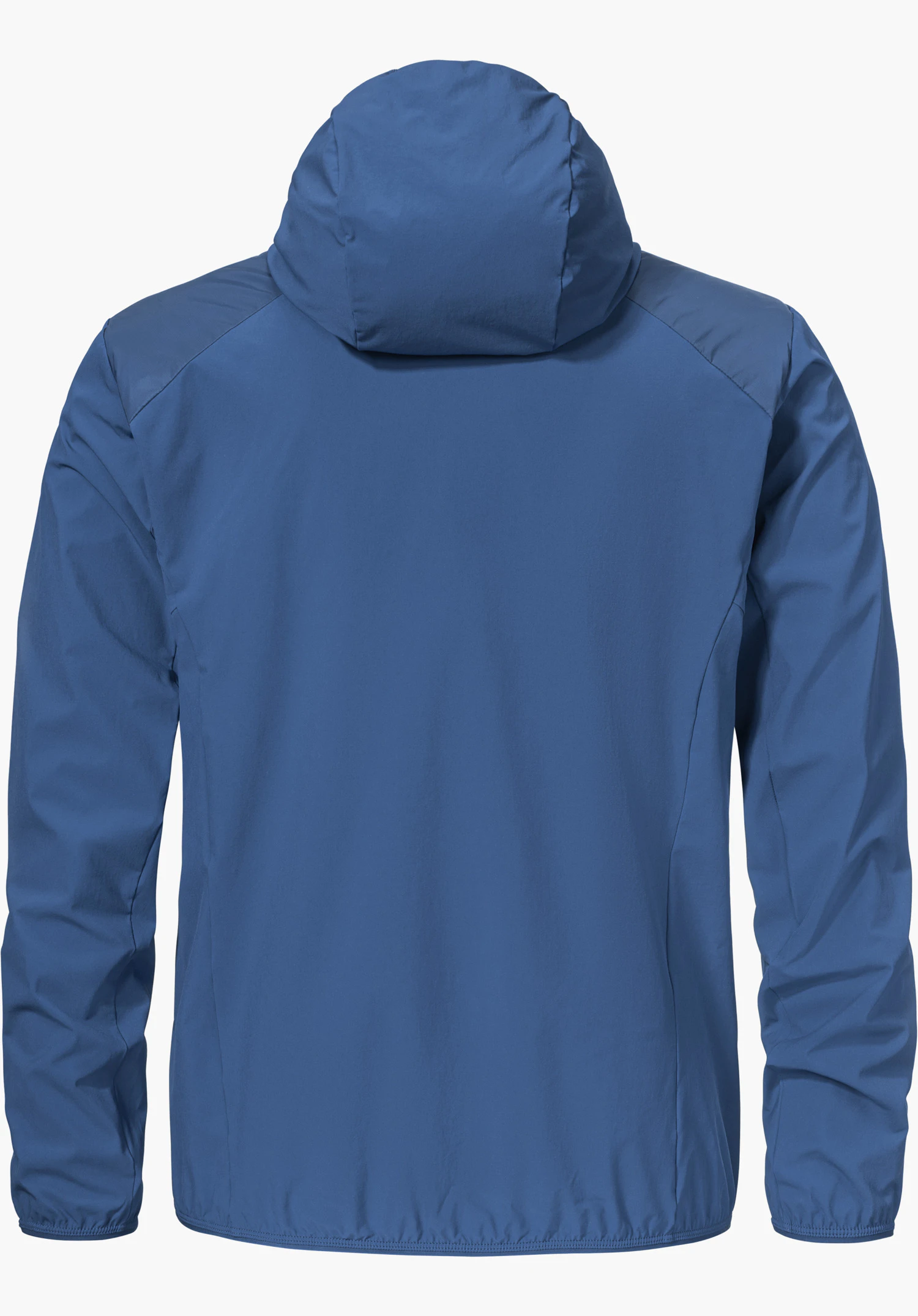 Hybrid Jk Style Blaueis MNS als blauwe jas met capuchon in het achteraanzicht, vrijstaand op een witte achtergrond.