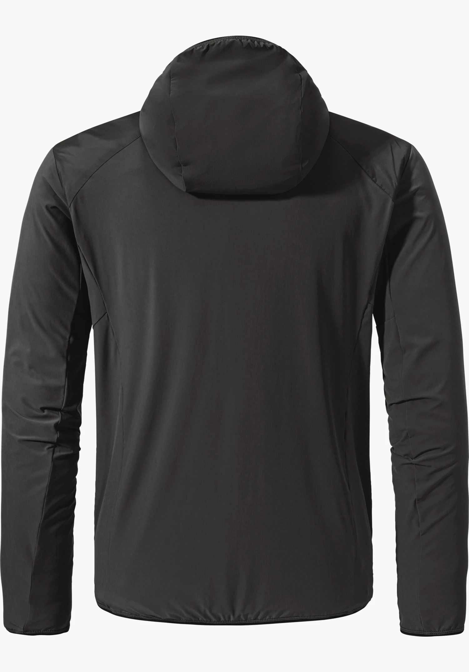 Hybrid Jk Style Blaueis MNS in black, back view of the jacket with a hood, isolated against a white background.