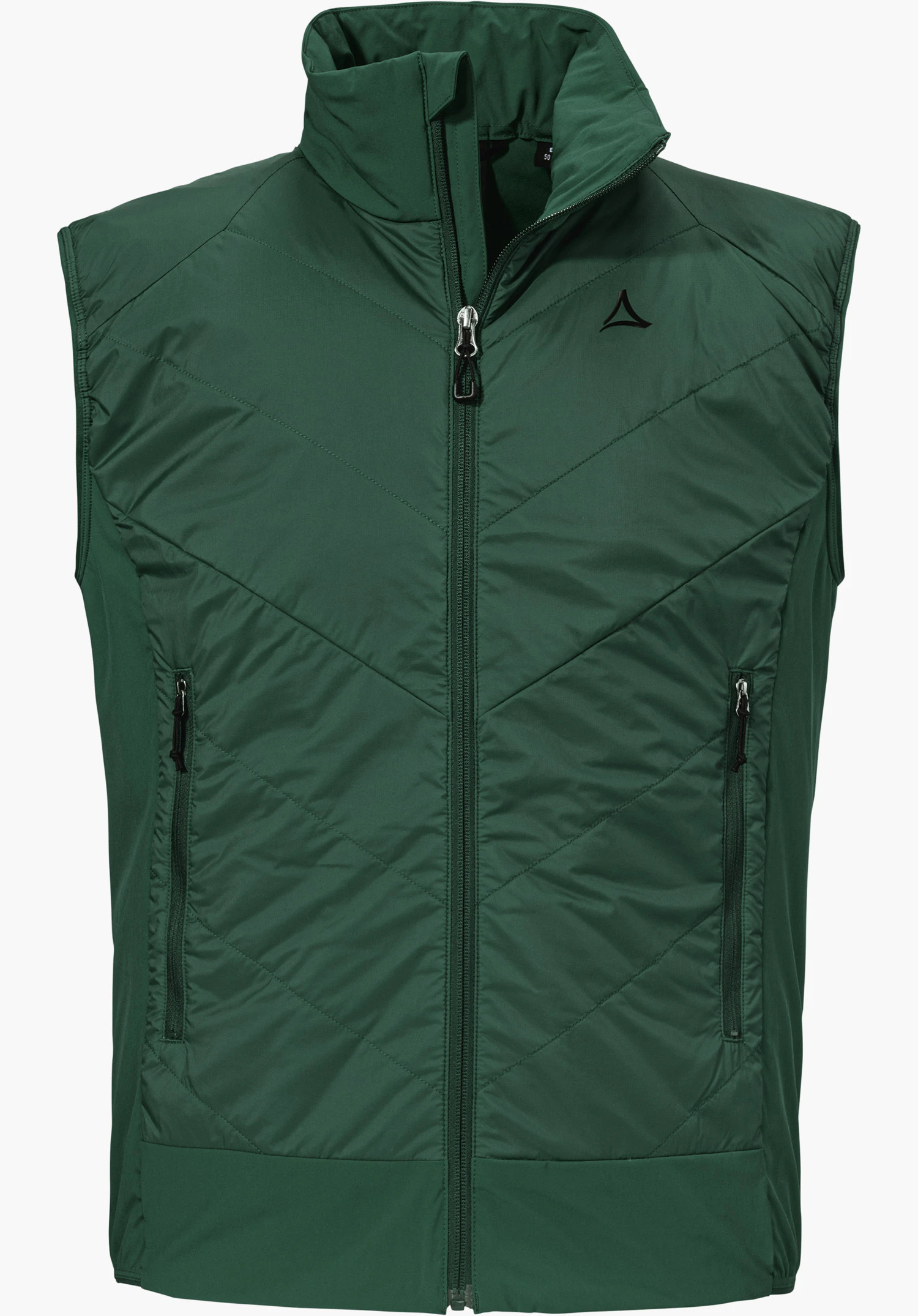 Hybrid Vt Style Blaueis MNS as a green gilet with V-shaped quilting, a full-length front zip, two side zip pockets and a Schöffel logo on the left chest, isolated against a white background.