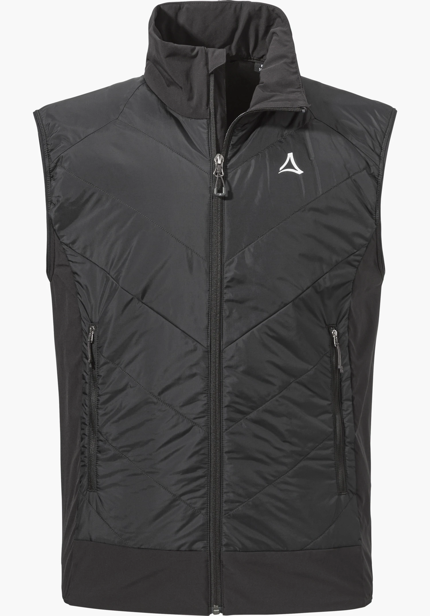 Hybrid Vt Style Blaueis MNS as a black gilet featuring V-shaped quilting, a full-length front zip and a visible Schöffel logo on the left chest, isolated on a white background.