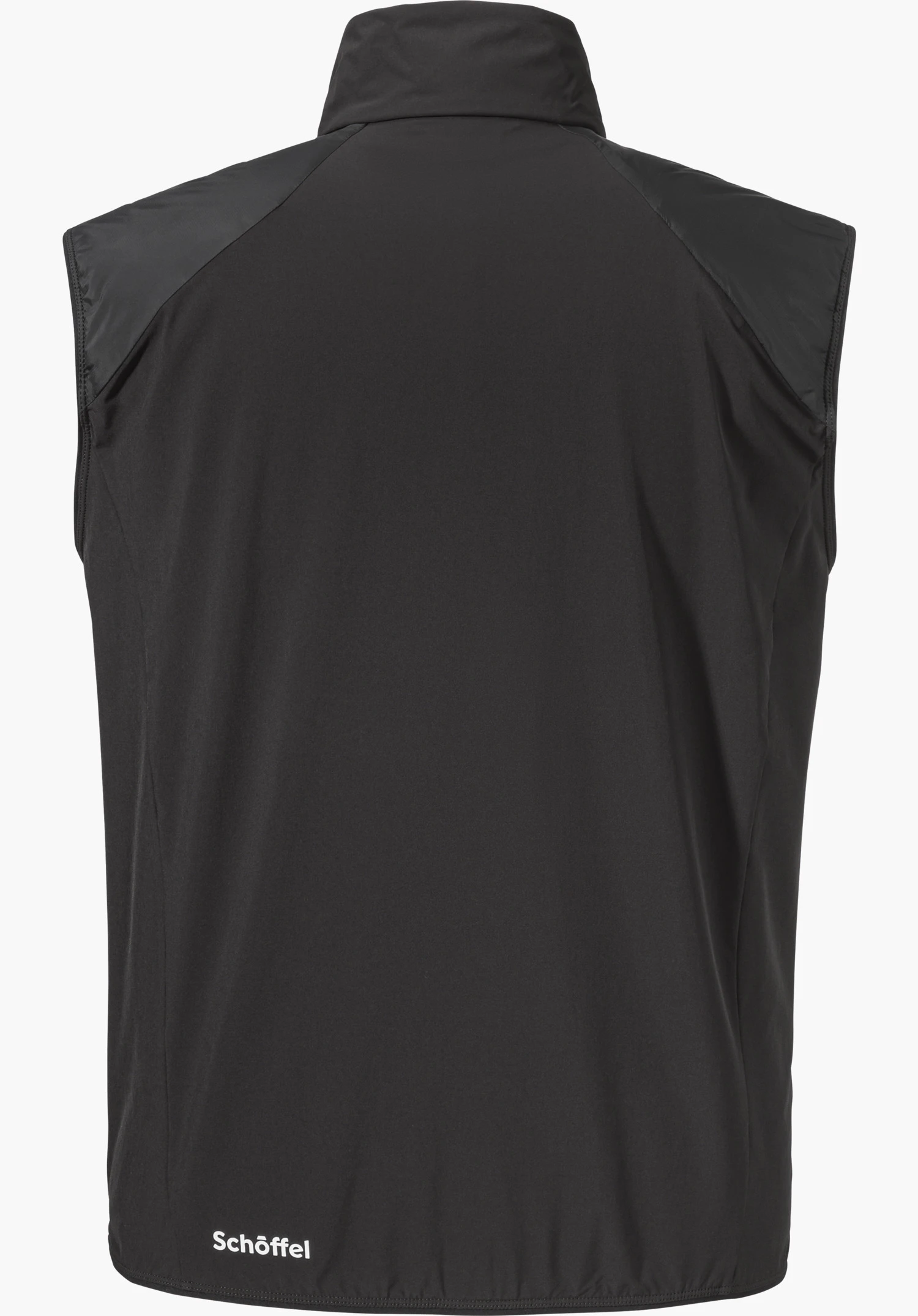 Hybrid Vt Style Blaueis MNS is shown as a black gilet in back view with a visible Schöffel logo at the bottom hem, isolated against a white background.