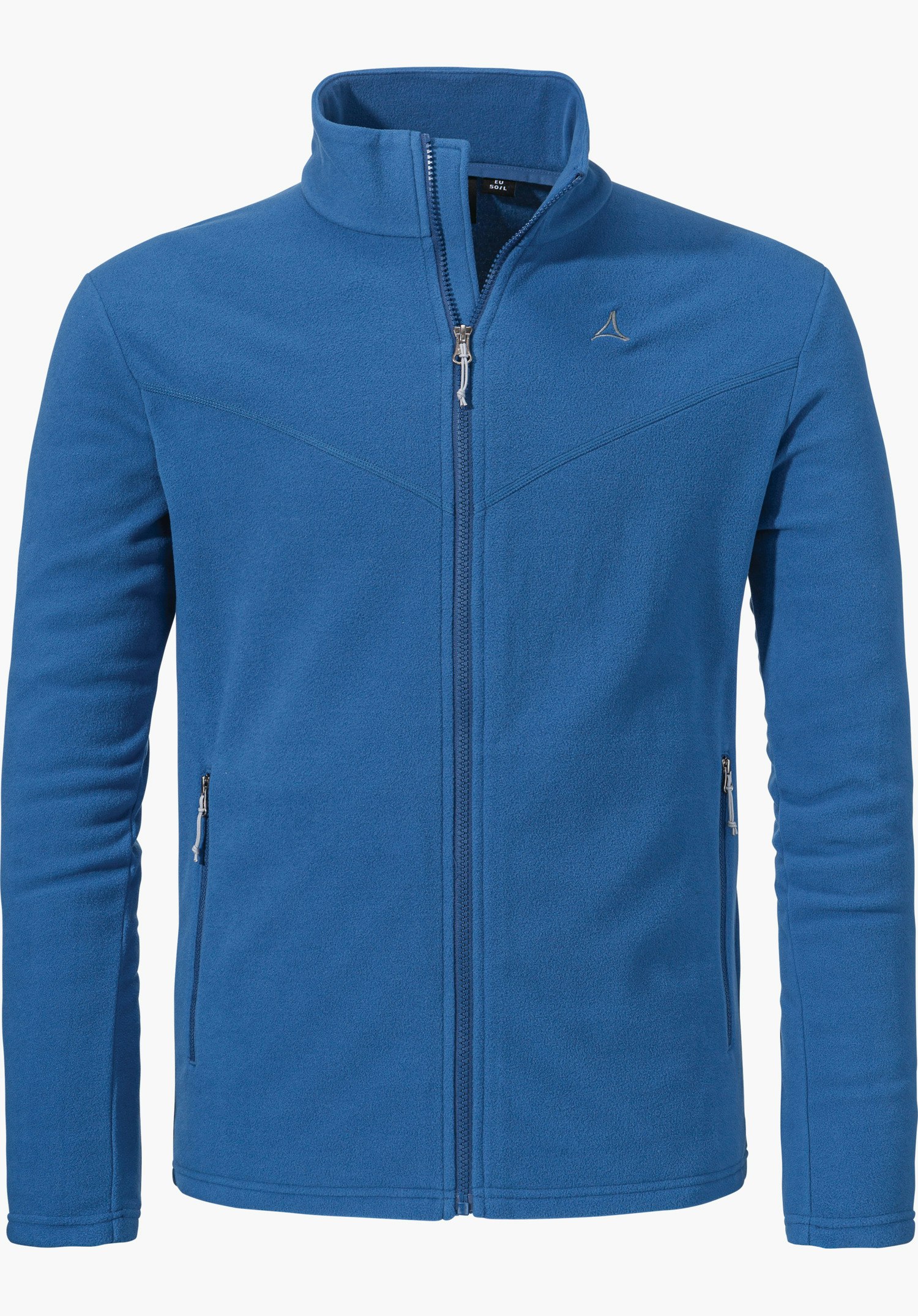 Fleece Jk Style Qutang MNS in Blau mit durchgehendem Frontreißverschluss, zwei Reißverschlusstaschen und einem Schöffel-Logo auf der linken Brust, freigestellt vor weißem Hintergrund.