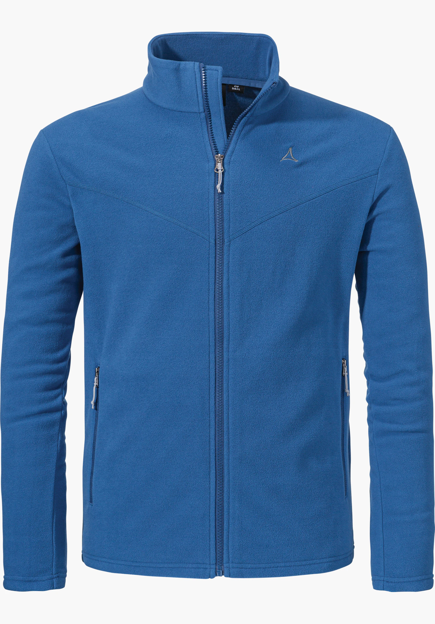 Fleece Jk Style Qutang MNS in blue featuring a full-length front zip, two zipped side pockets and a Schöffel logo on the left chest, isolated against a white background.