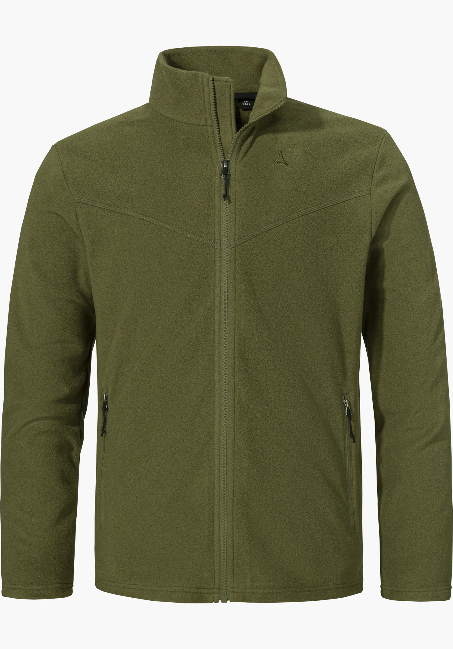 Fleece Jk Style Qutang MNS in grün mit Frontreißverschluss, Stehkragen, zwei seitlichen Taschen und gesticktem Schöffel-Logo im Brustbereich, freigestellt vor weißem Hintergrund.
