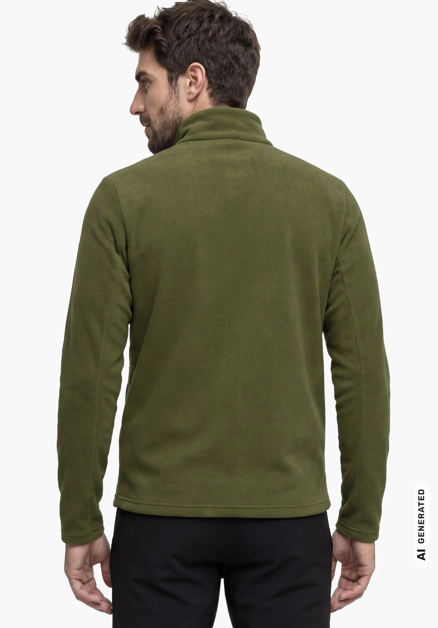 Fleece Jk Style Qutang MNS in green, worn by a male model standing upright and shown from the back with his head turned slightly to the side against a white background. (AI-generated)