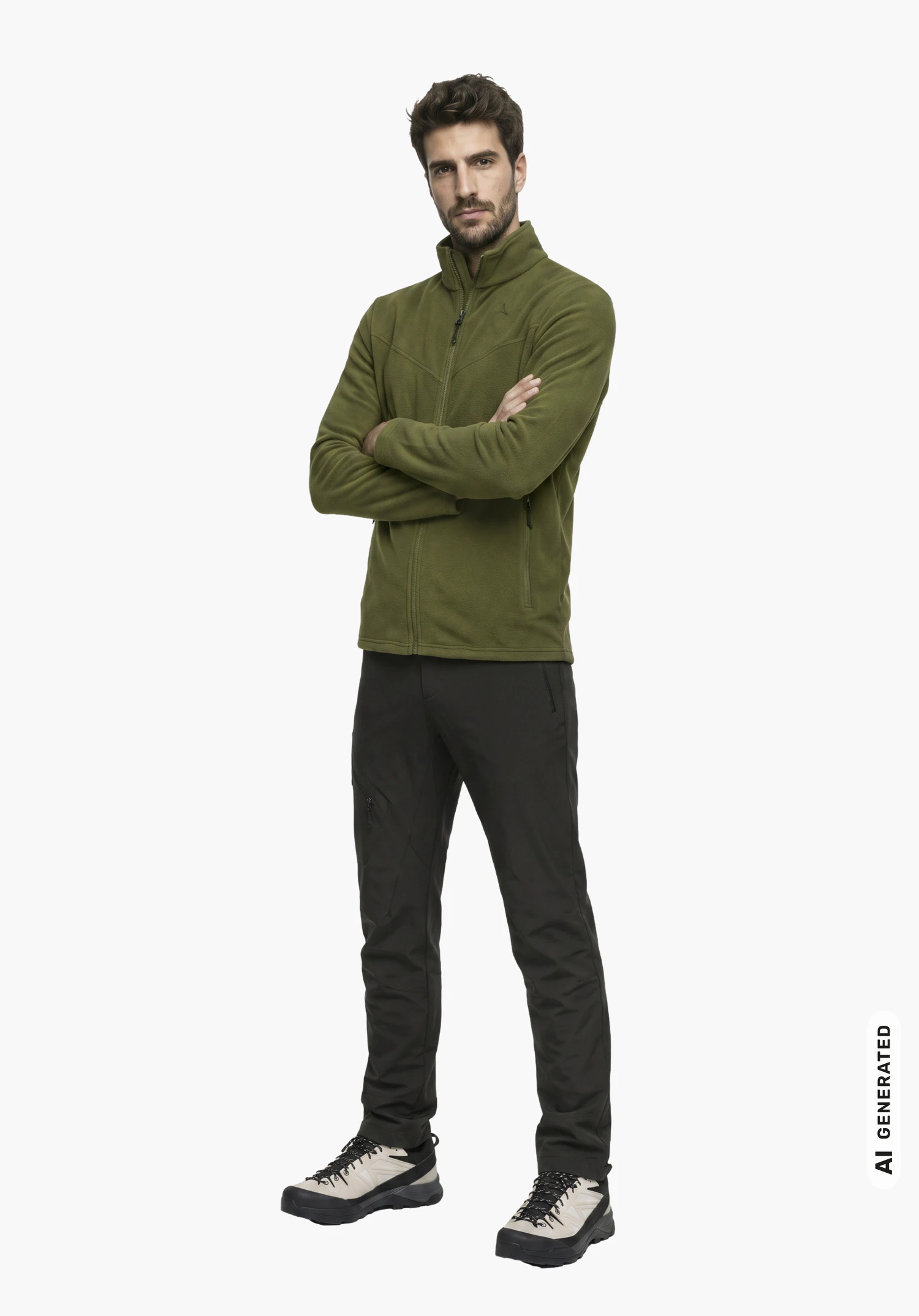 Fleece Jk Style Qutang MNS in green featuring the Schöffel logo, worn by a male model with crossed arms in a slight side view against a white background. (AI-generated)
