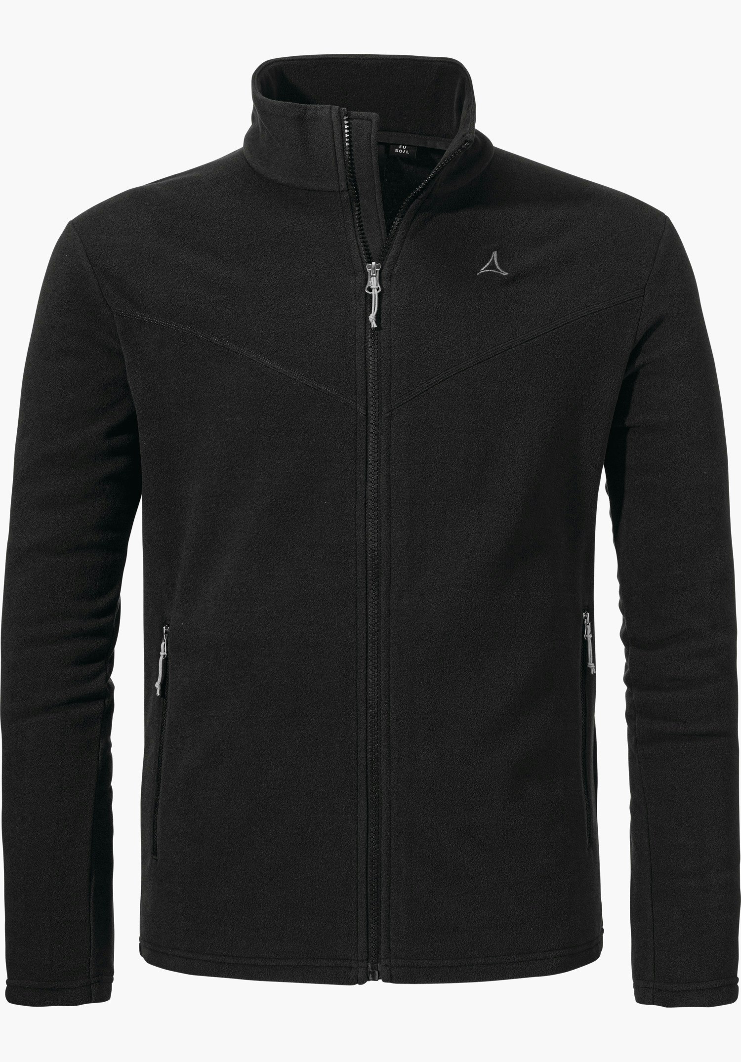 Fleece Jk Style Qutang MNS Schwarze Fleecejacke mit hochgezogenem Reißverschluss, zwei seitlichen Reißverschlusstaschen; schwarzes Schöffel-Logo auf linker Brust, Stehkragen. Freigestellte Studioaufnahme vor weißem Hintergrund.