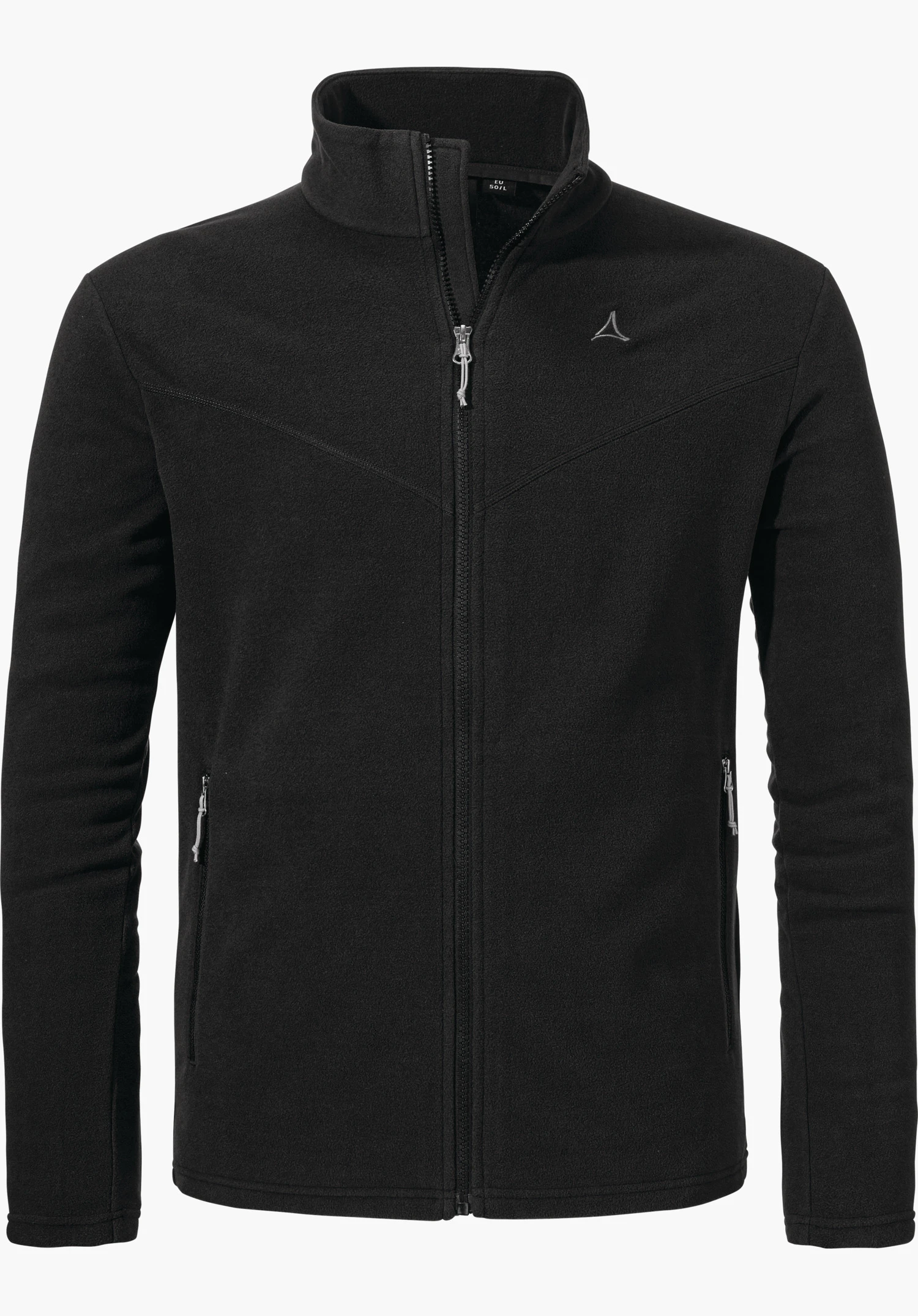 Fleece Jk Style Qutang MNS Schwarze Fleecejacke mit hochgezogenem Reißverschluss, zwei seitlichen Reißverschlusstaschen; schwarzes Schöffel-Logo auf linker Brust, Stehkragen. Freigestellte Studioaufnahme vor weißem Hintergrund.